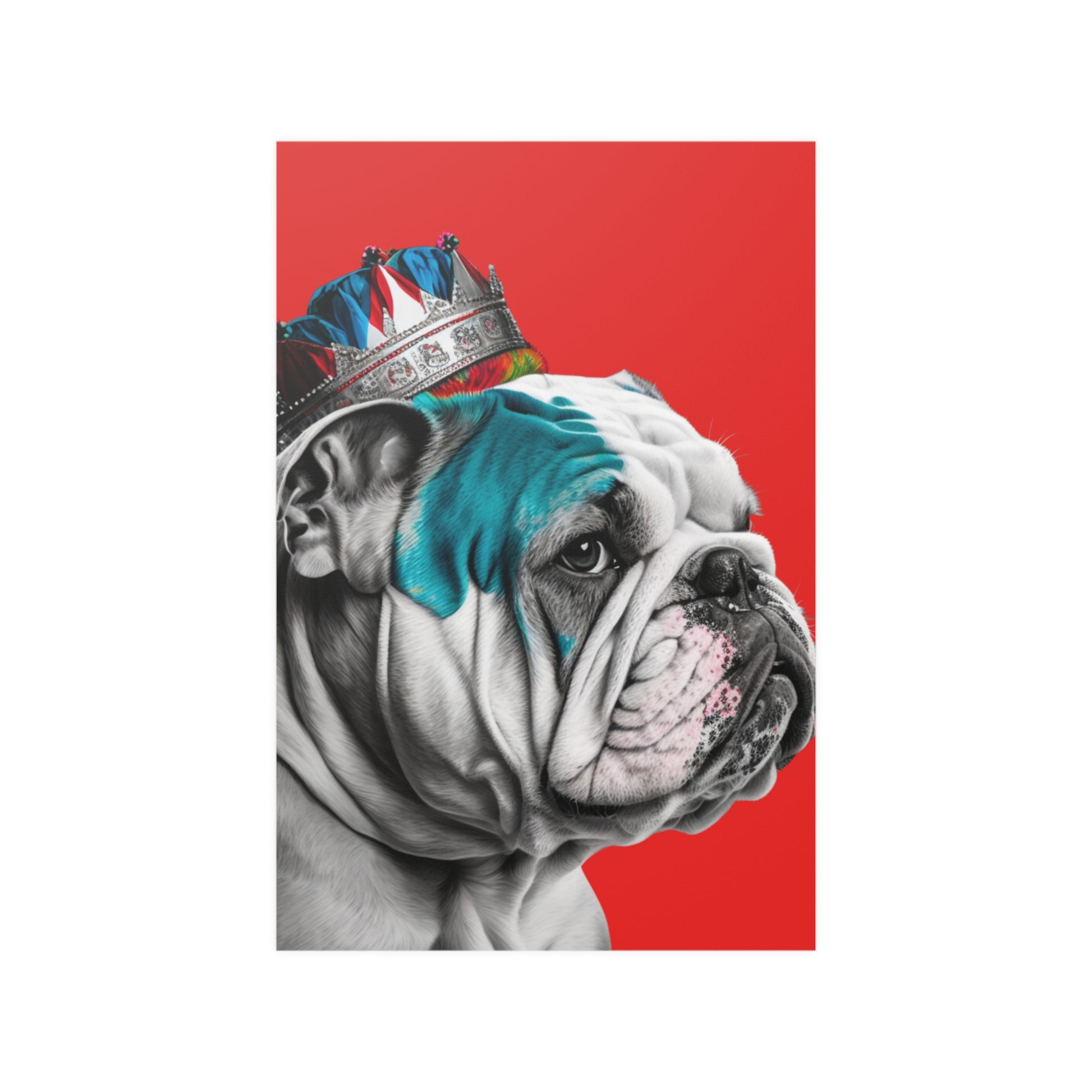 A PopArt style poster featuring a British Bulldog wearing a crown against a bold red background, creating a striking visual of regal canine charm.