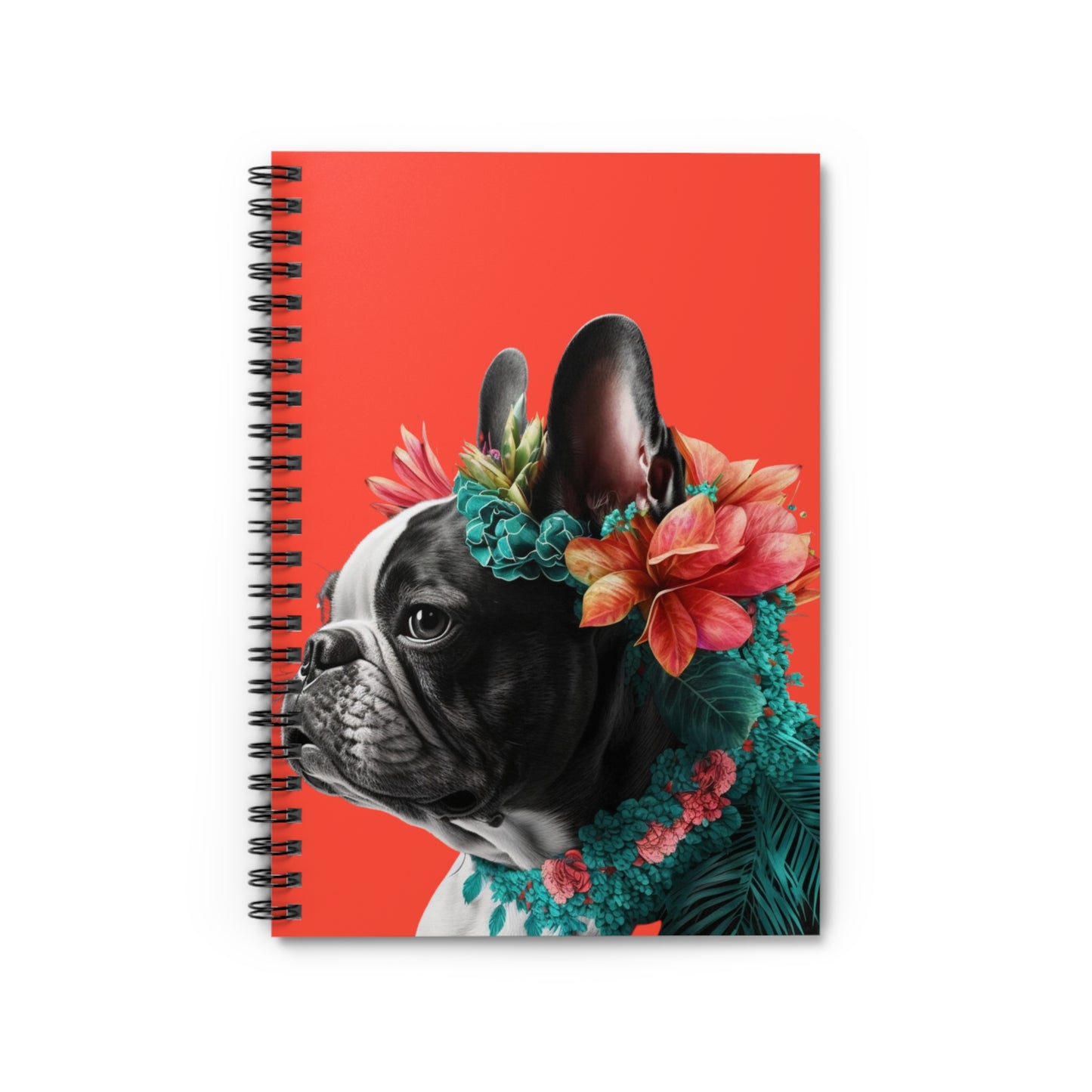 A coral notebook featuring an adorable French Bulldog amidst tropical vibes on the cover.