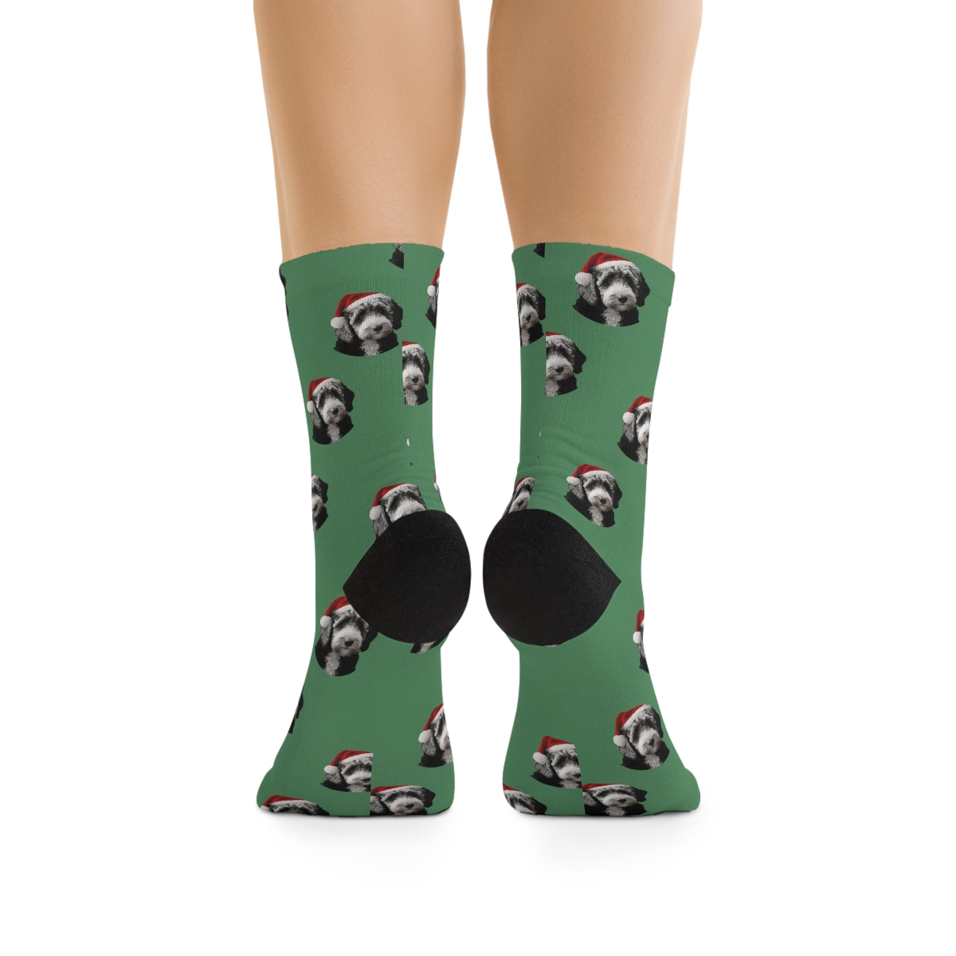 Cozy Christmas socks featuring a Labradoodle in festive attire, perfect for adding a touch of holiday cheer and warmth to your feet.