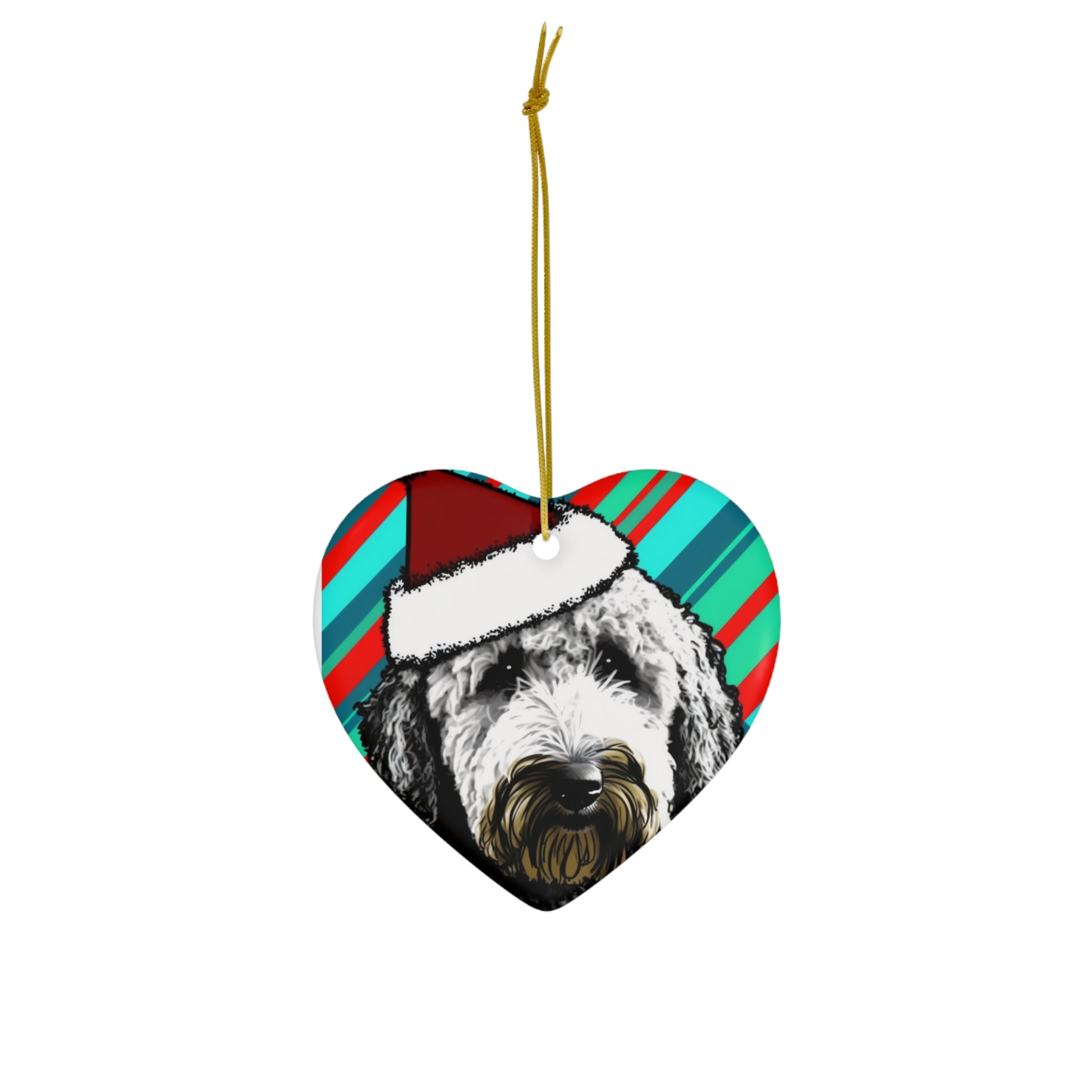 An ornament depicting a Labradoodle in candy stripes, available in both heart and circle.