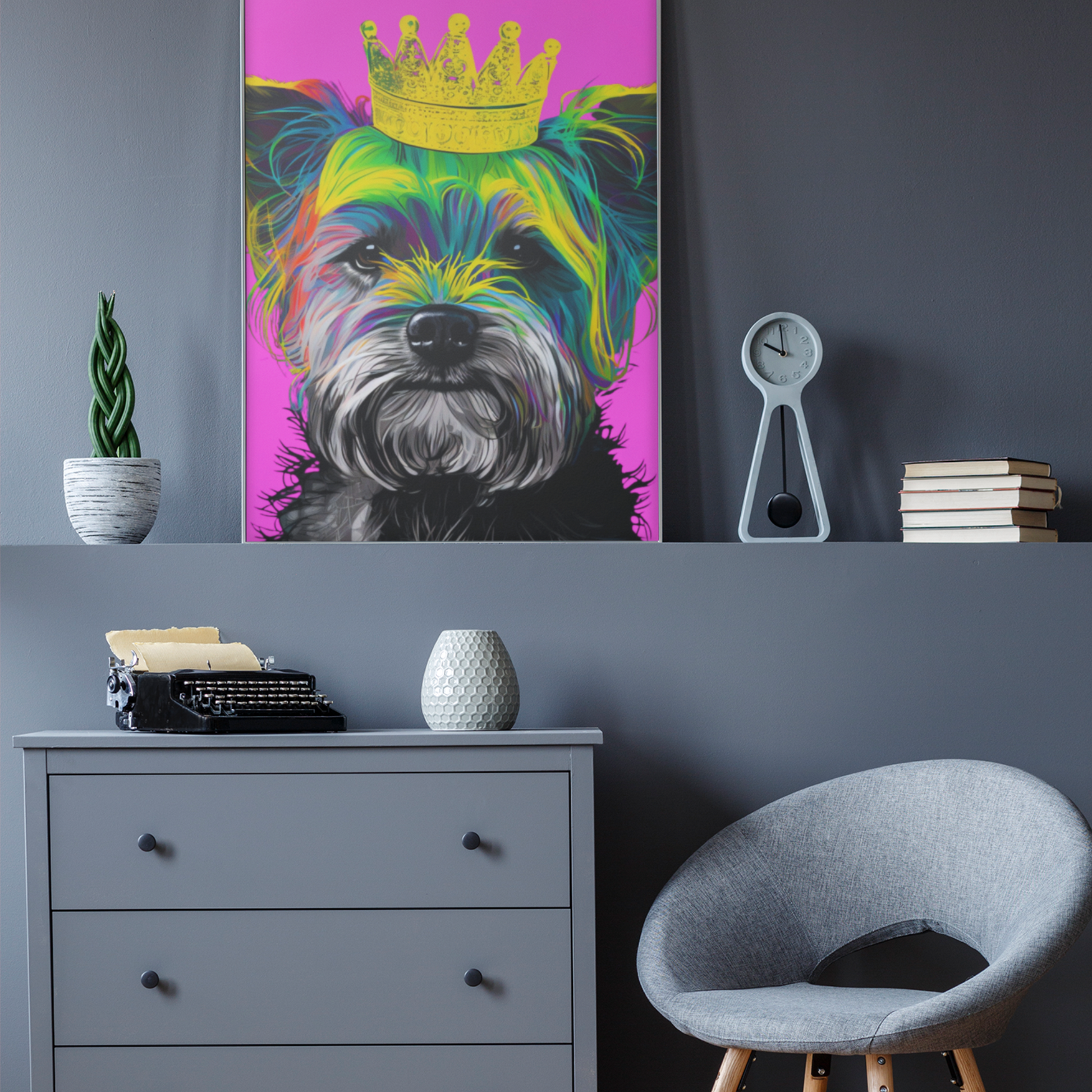 Eye-catching poster featuring a vibrant purple Pop Art depiction of a Yorkshire Terrier. The bold and playful design highlights the spirited personality of the Yorkie, making it a perfect artistic statement for any dog lover's home decor.