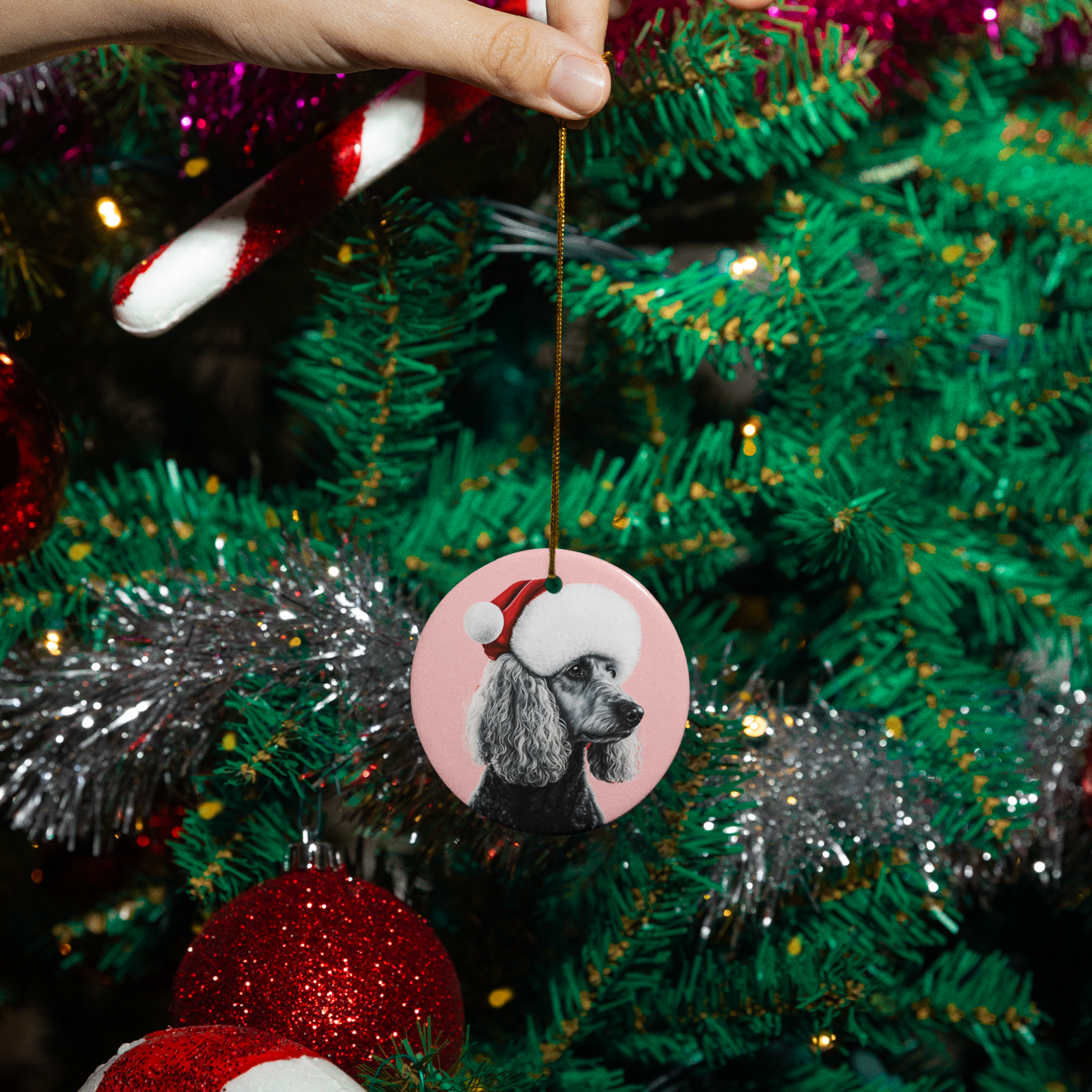 A heart or circle-shaped Christmas ornament featuring an elegant black and white poodle on a soft pastel pink background, perfect for a sophisticated holiday touch.