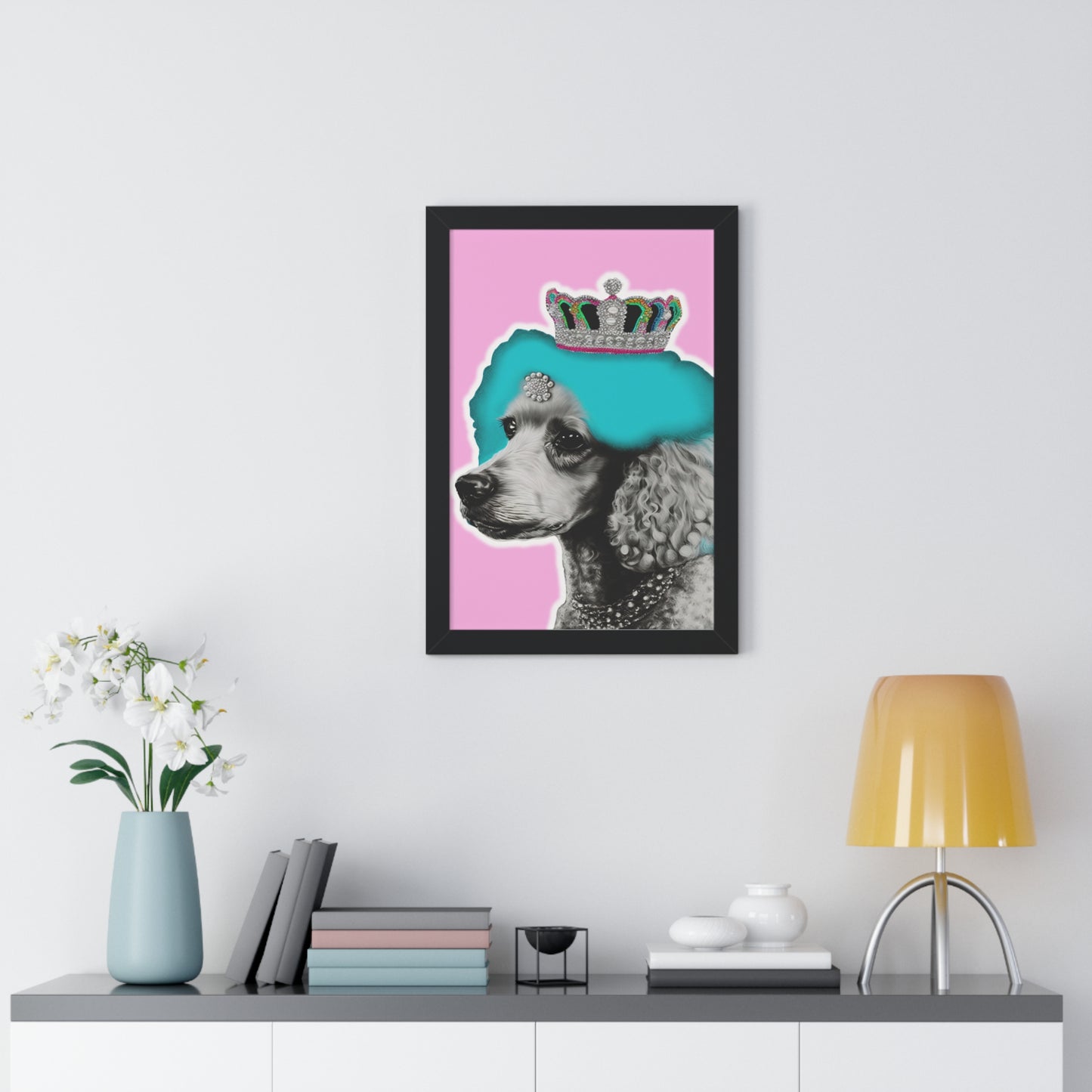 Framed Crowned Pop Art Poodle Print on Pink - Choose Walnut, White, or Black Frame