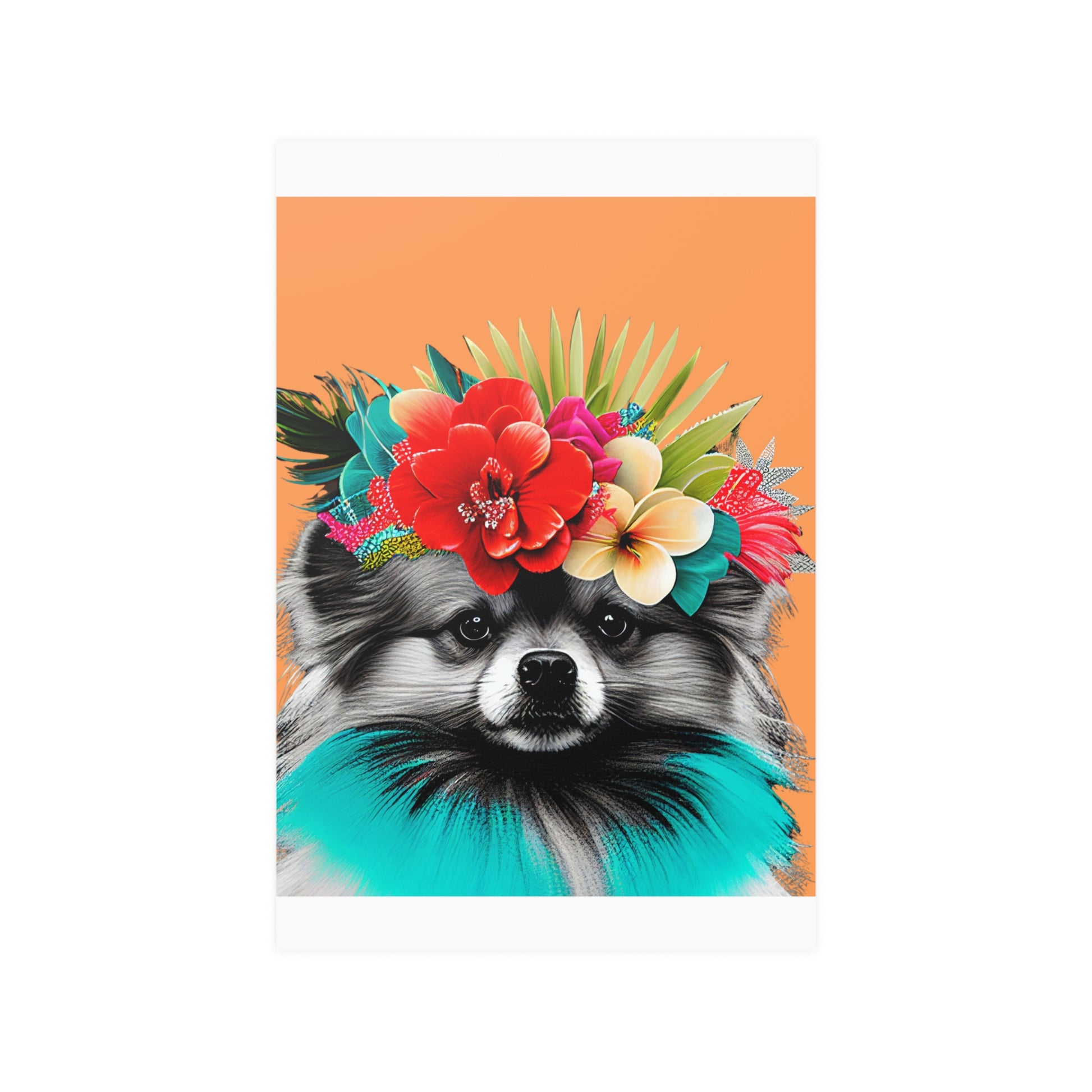 Poster of a fluffy Pomeranian dog surrounded by tropical foliage and flowers, set against a bright orange background that evokes a sunny, island atmosphere.