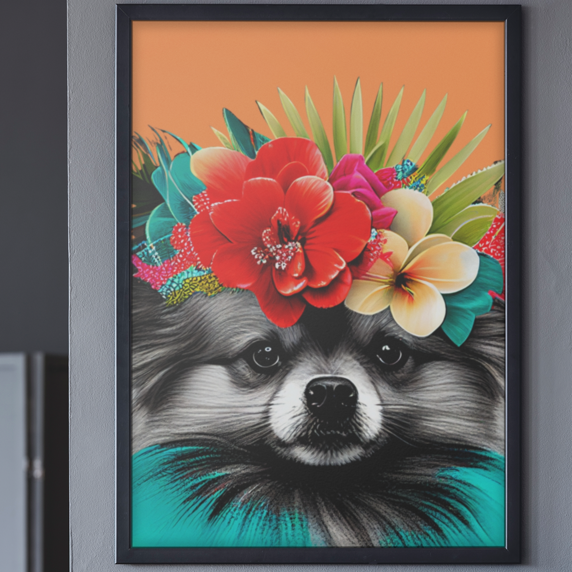 Poster of a fluffy Pomeranian dog surrounded by tropical foliage and flowers, set against a bright orange background that evokes a sunny, island atmosphere.