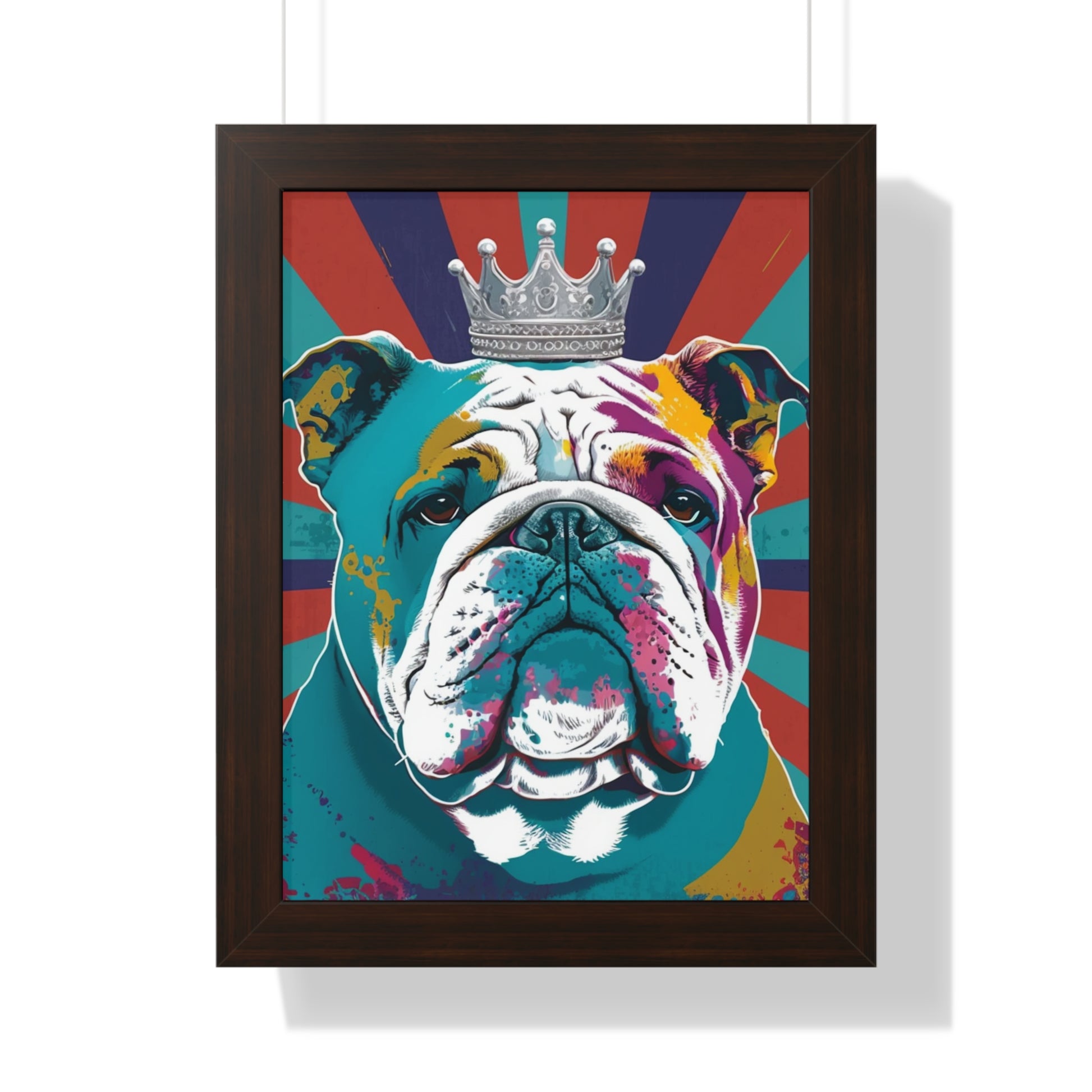 A vibrant framed canvas print featuring a PopArt British Bulldog, perfect for adding a bold and artistic touch to any interior space.