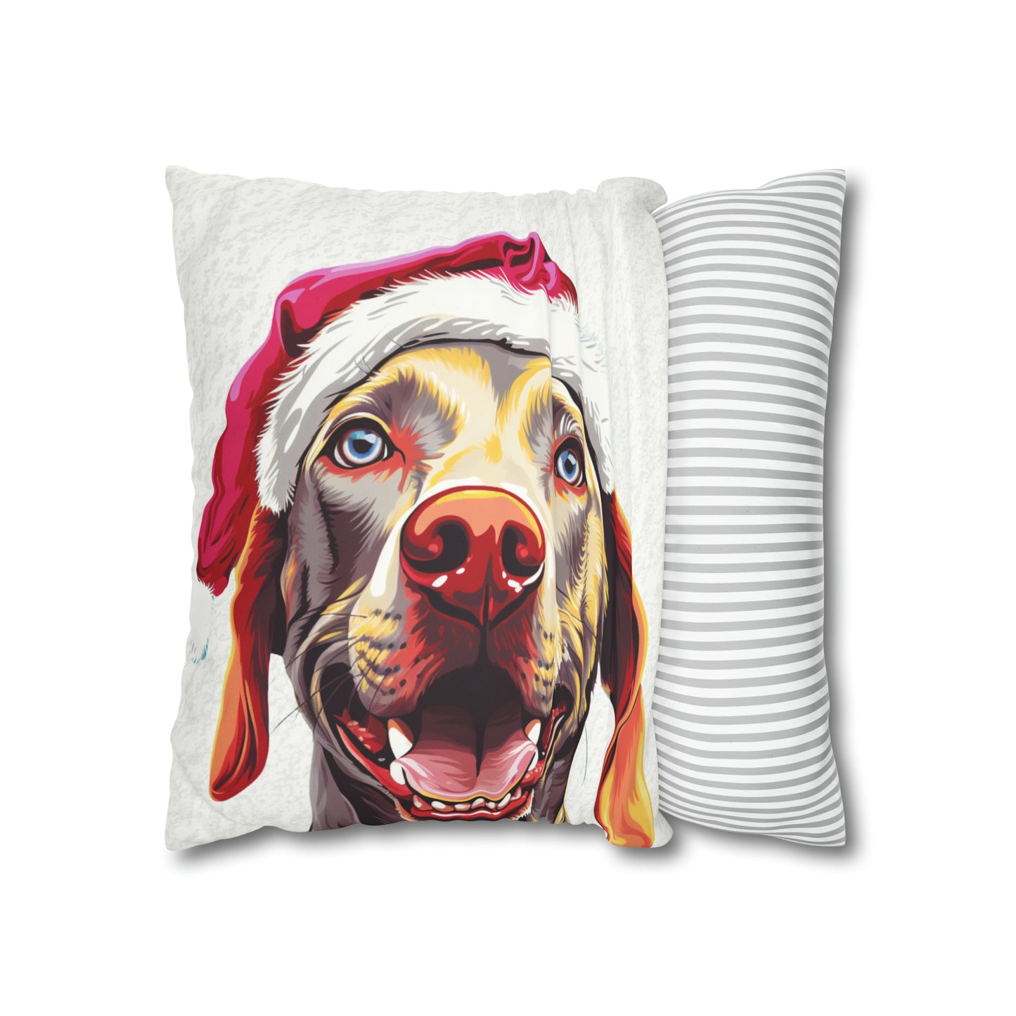 A sophisticated white cushion cover featuring a detailed illustration of a graceful Weimaraner set in a picturesque winter wonderland scene. The cover, designed for the festive season, elegantly blends the dog's silhouette with a backdrop of snowy landscapes and subtle Christmas motifs, creating a serene and stylish holiday decor piece.