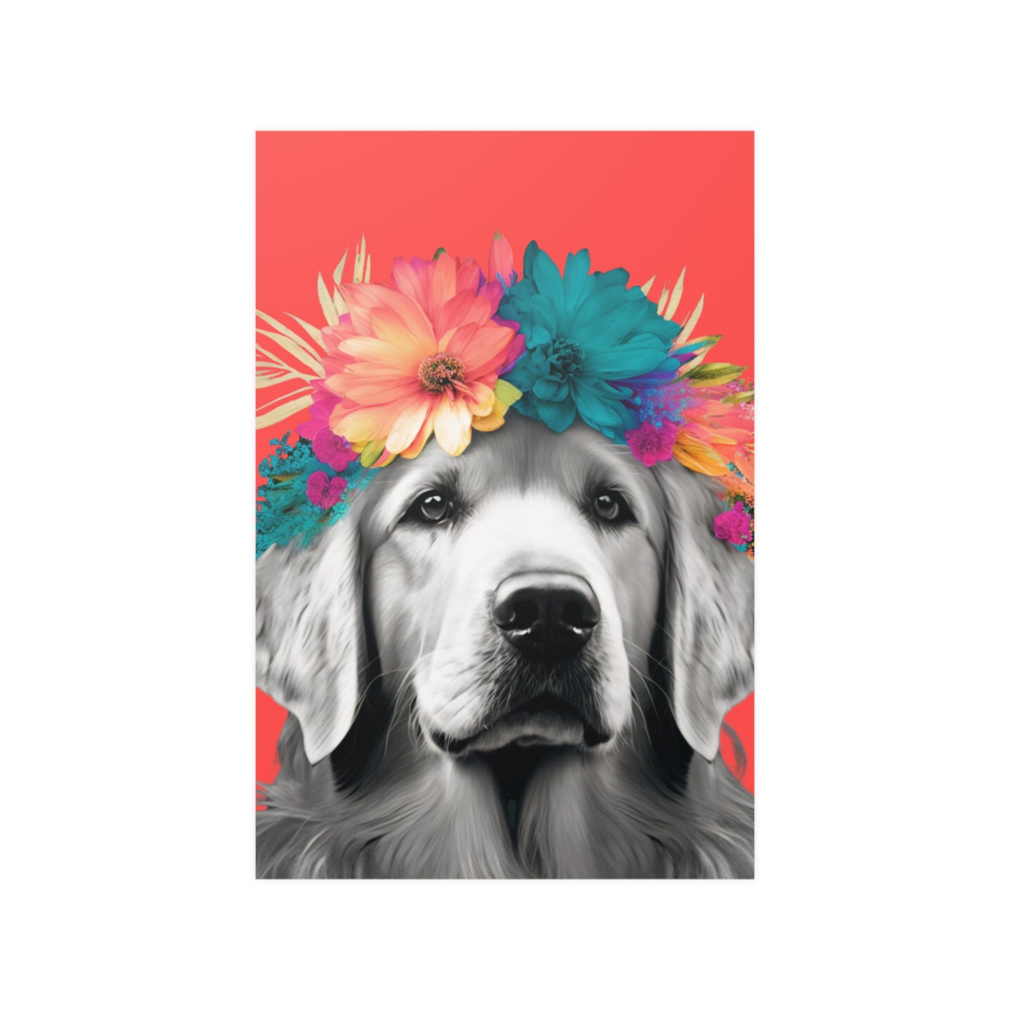 A Golden Retriever lounging amidst tropical flora on a calming coral background, embodying a serene tropical getaway in poster form.