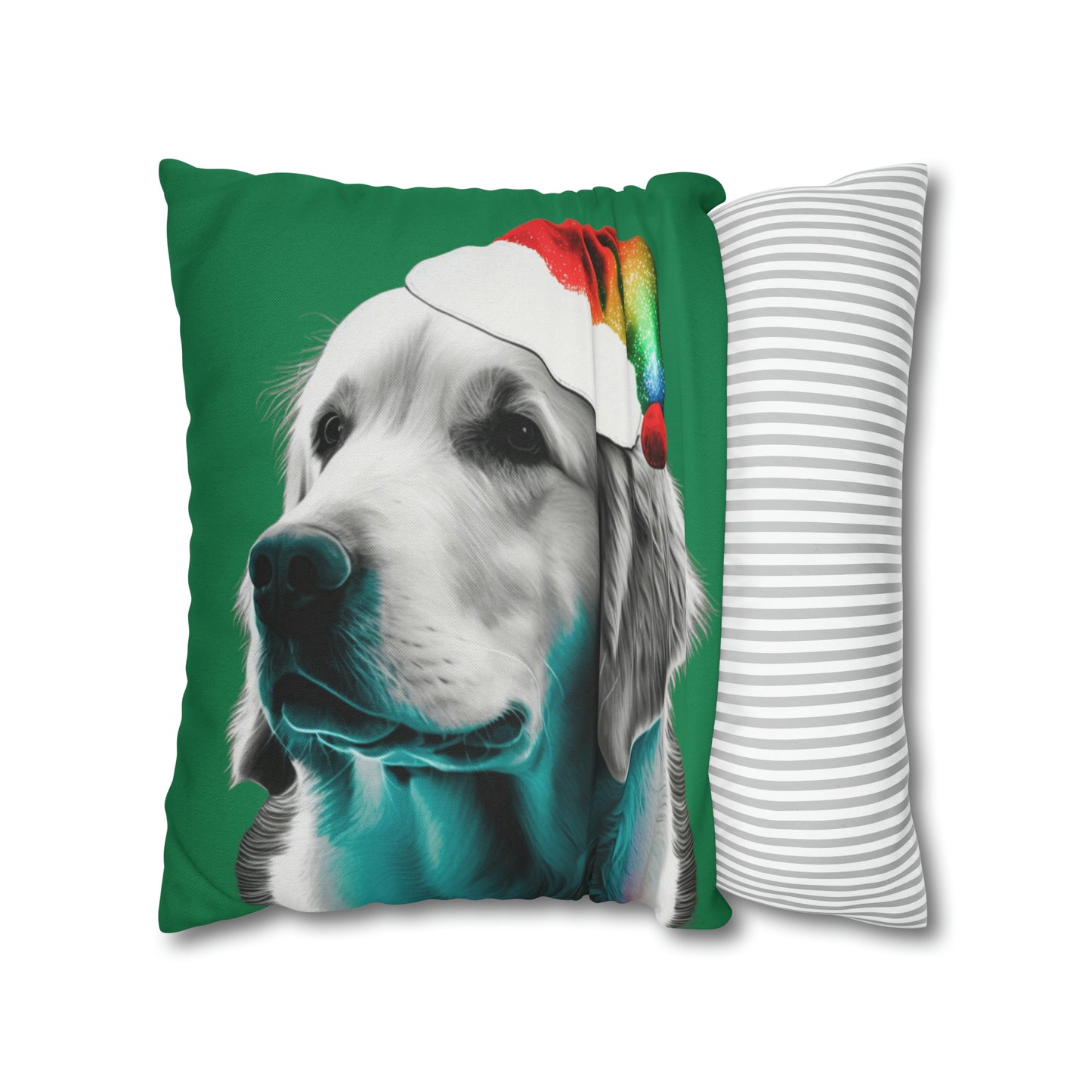 A PopArt depiction of a Golden Retriever wearing a colorful Santa hat set against a festive green background, perfect for holiday decorating.