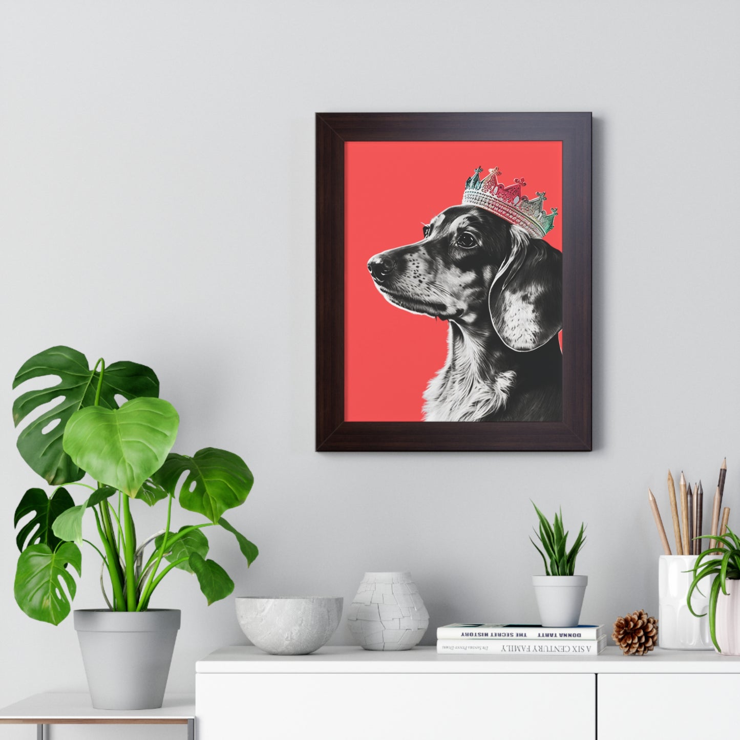 Dachshund on Coral Framed Art Print - Choice of White, Black, or Walnut Frame