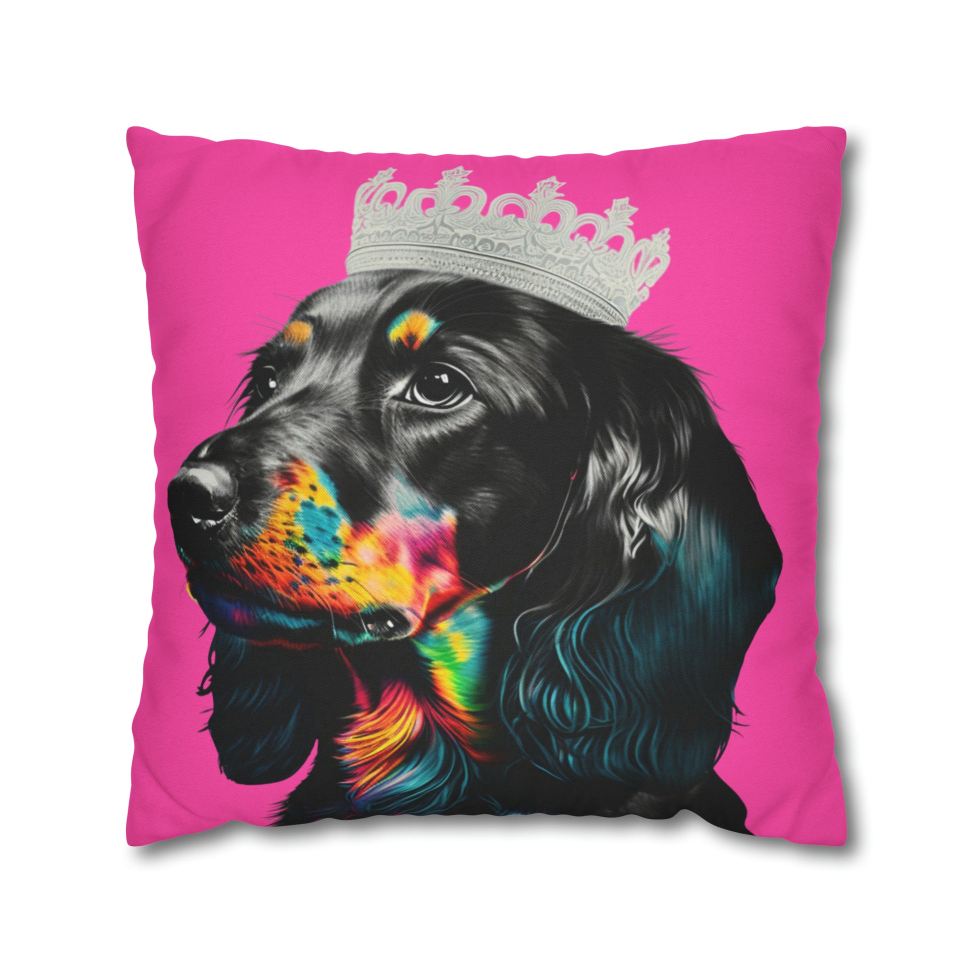 A whimsical cushion cover featuring a princess Dachshund in regal attire on a pink background, perfect for adding a touch of canine royalty to your home decor.