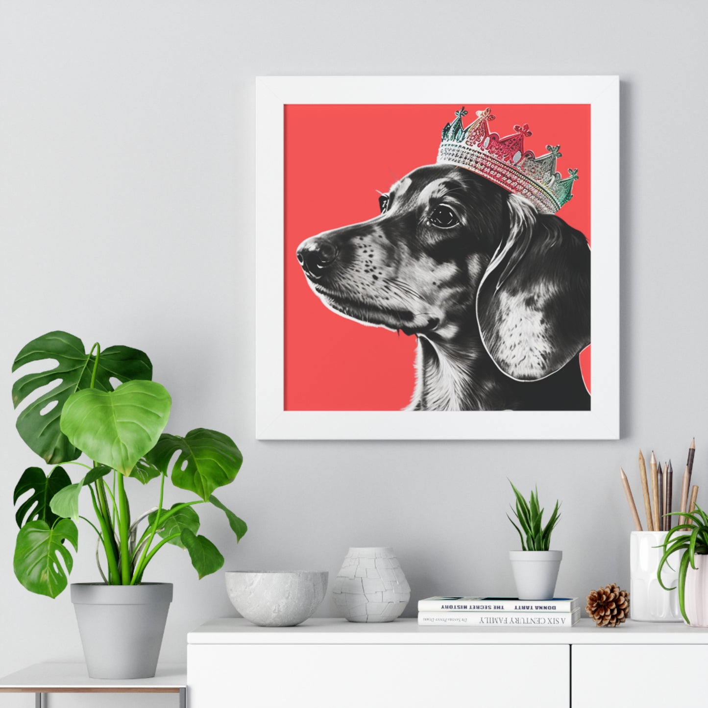 Dachshund on Coral Framed Art Print - Choice of White, Black, or Walnut Frame