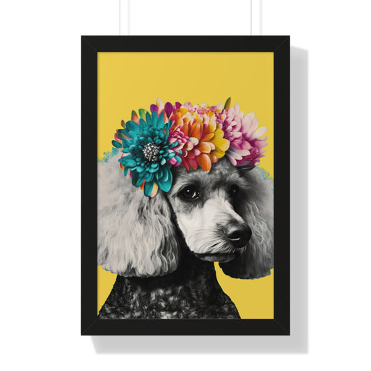 A framed poster featuring a poodle against a yellow background, available in black, white, or walnut frames, perfect for adding a stylish and modern touch to any room's decor.