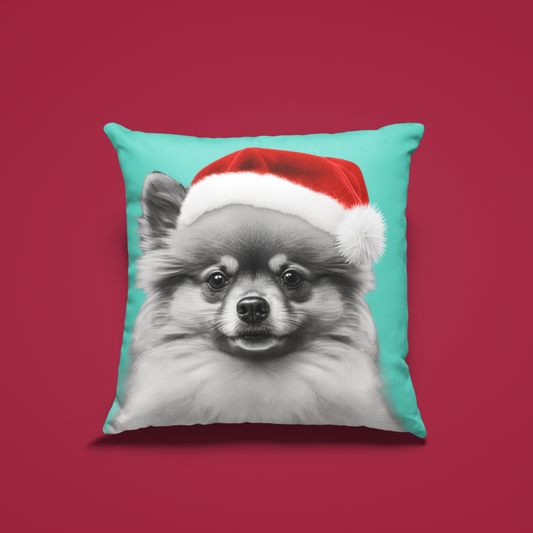 A festive cushion cover showcasing a joyful Pomeranian in holiday attire, perfect for adding a touch of canine cheer to any room.