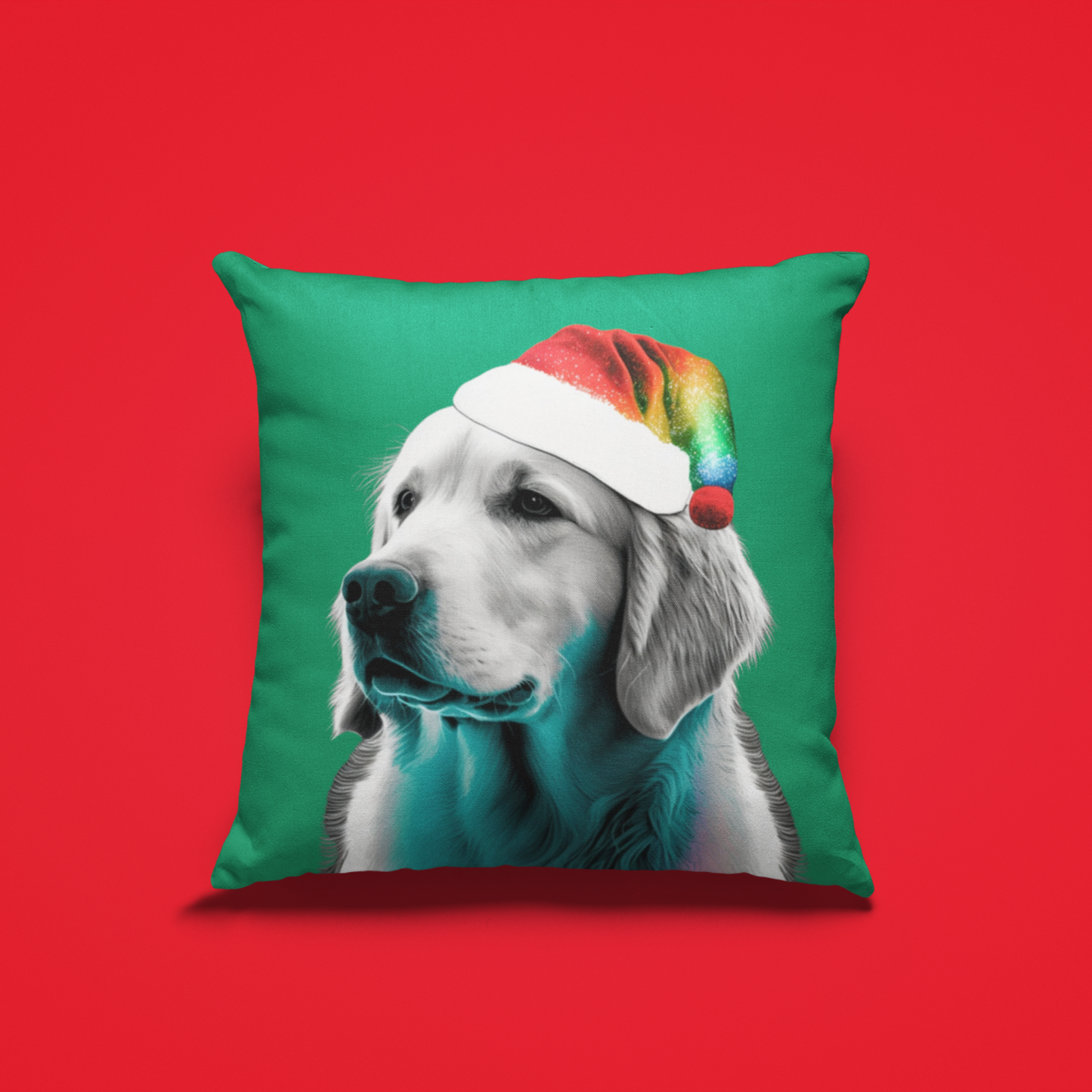 A PopArt depiction of a Golden Retriever wearing a colorful Santa hat set against a festive green background, perfect for holiday decorating.