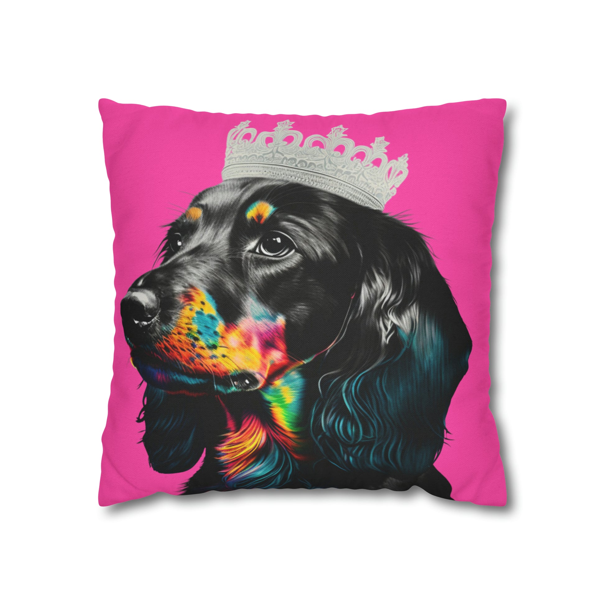 A whimsical cushion cover featuring a princess Dachshund in regal attire on a pink background, perfect for adding a touch of canine royalty to your home decor.