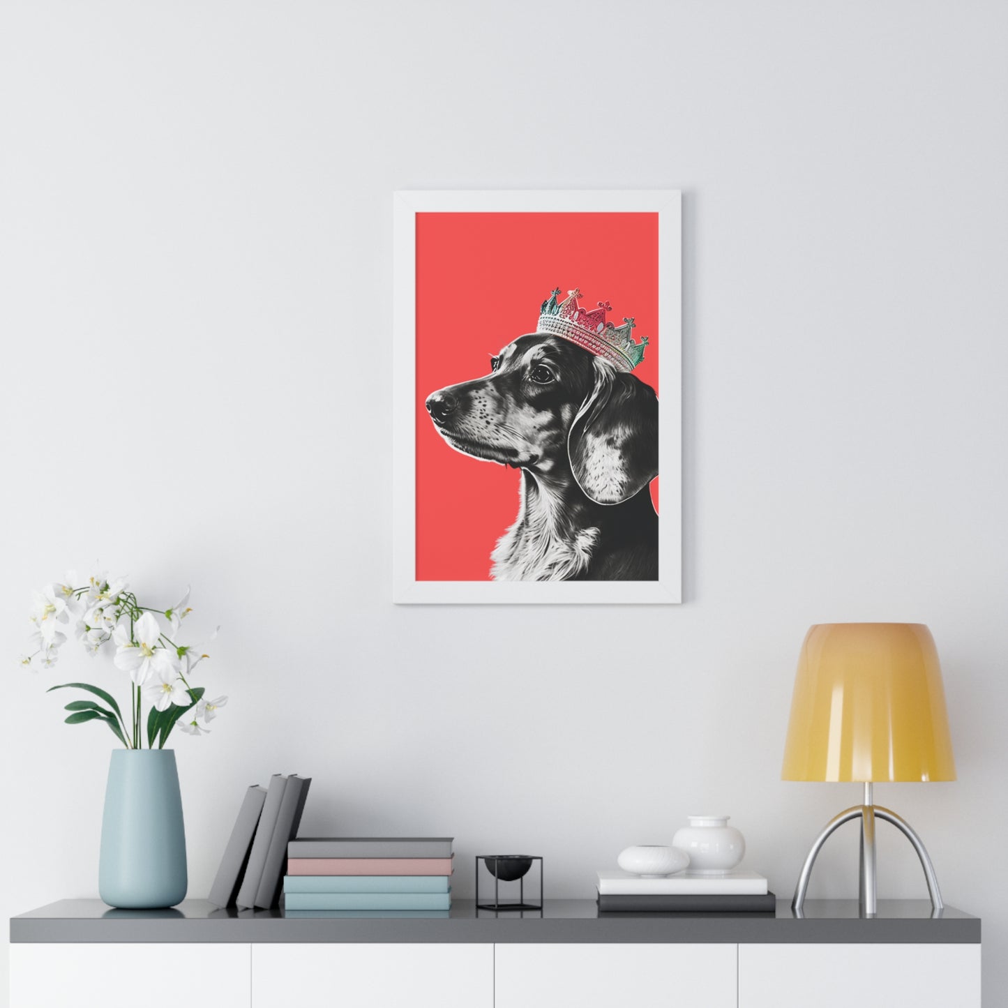 Dachshund on Coral Framed Art Print - Choice of White, Black, or Walnut Frame