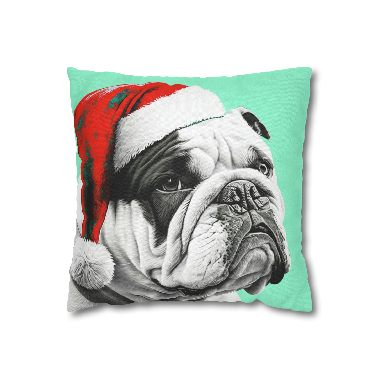 A colorful PopArt-style pillow cover featuring a Bulldog in a Santa hat, perfect for adding a fun and artsy touch to your festive decor.