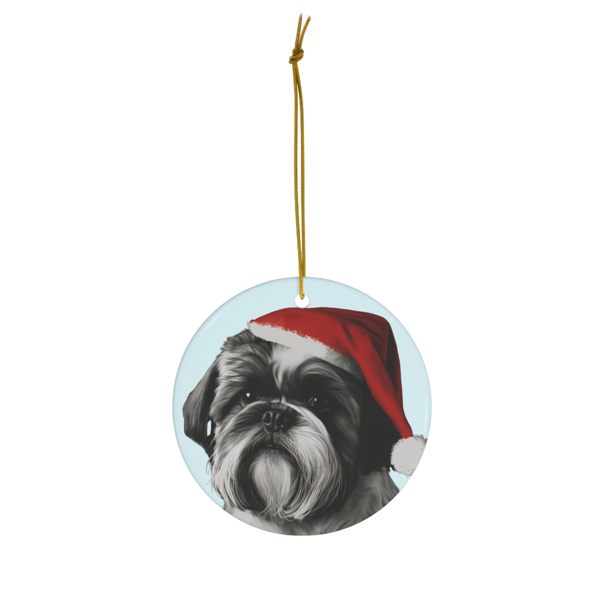 A delightful Shih Tzu on a blue Christmas tree ornament, available in both circle and heart shapes, perfect for adding a touch of holiday charm to your Christmas tree decoration.