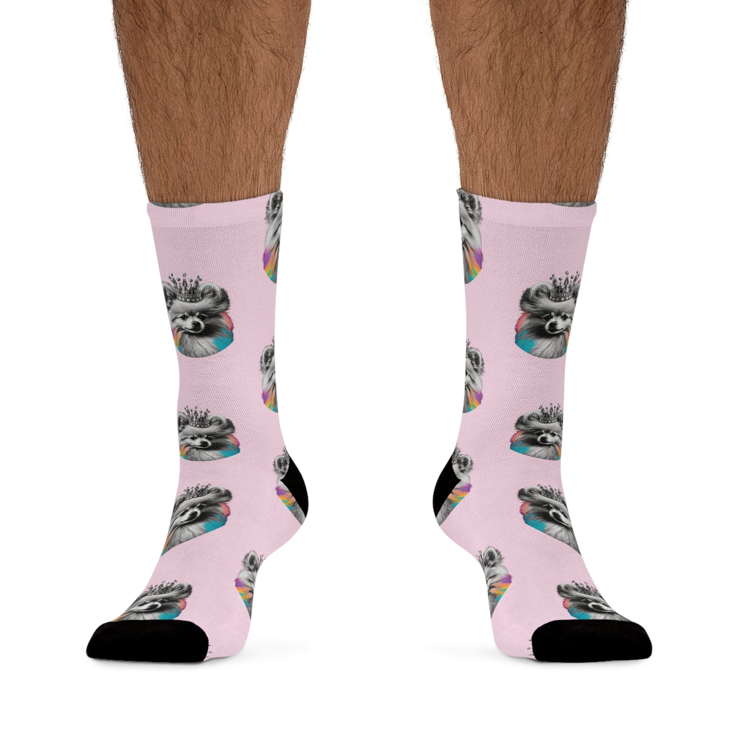 Black and White Pomeranian with Colours on pink Novelty Socks