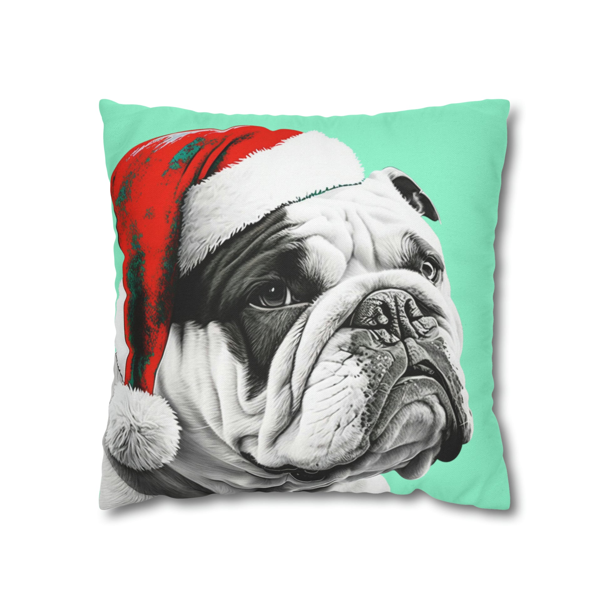 A colorful PopArt-style pillow cover featuring a Bulldog in a Santa hat, perfect for adding a fun and artsy touch to your festive decor.