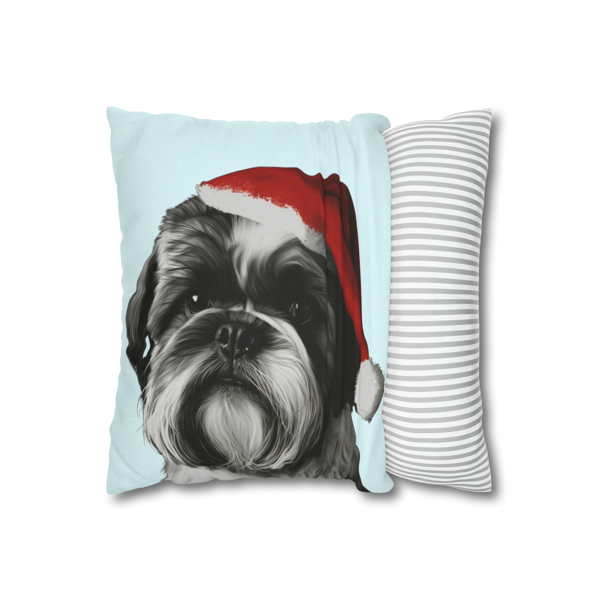 A festive Shih Tzu on a baby blue Christmas cushion cover, featuring an adorable Shih Tzu dog surrounded by holiday elements, perfect for adding seasonal charm to your home decor.