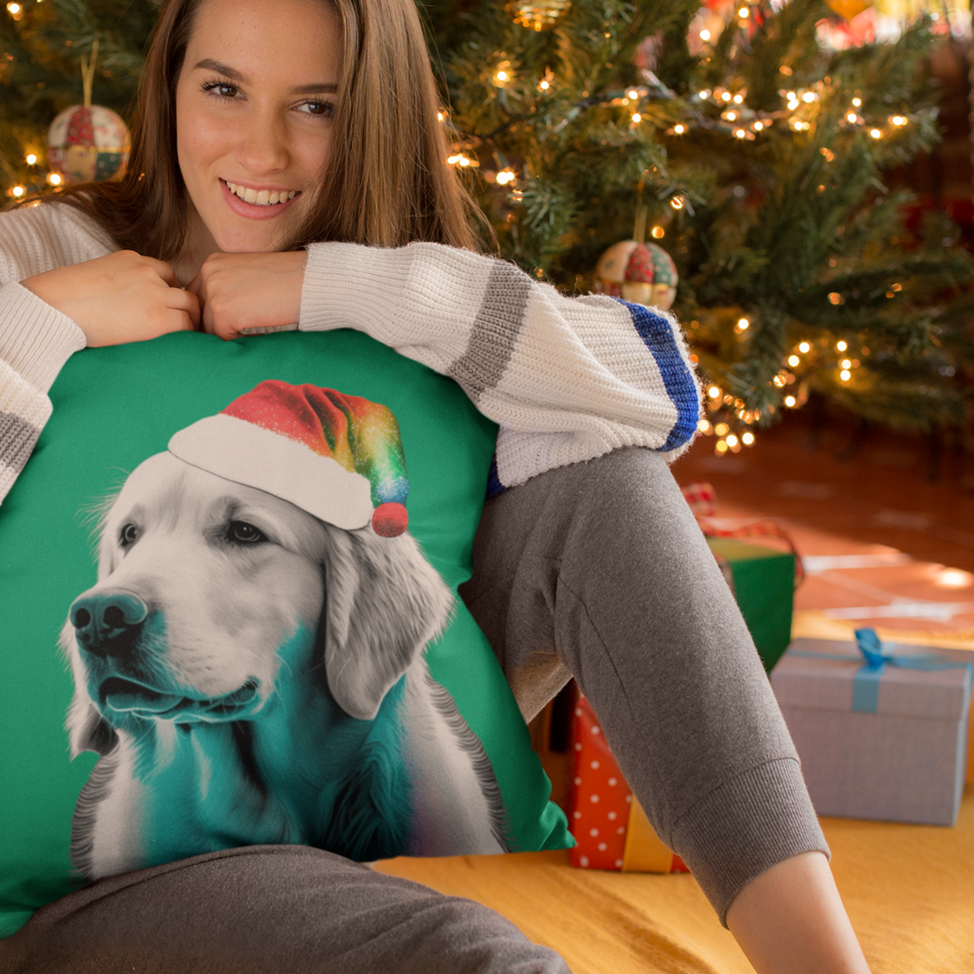 A PopArt depiction of a Golden Retriever wearing a colorful Santa hat set against a festive green background, perfect for holiday decorating.