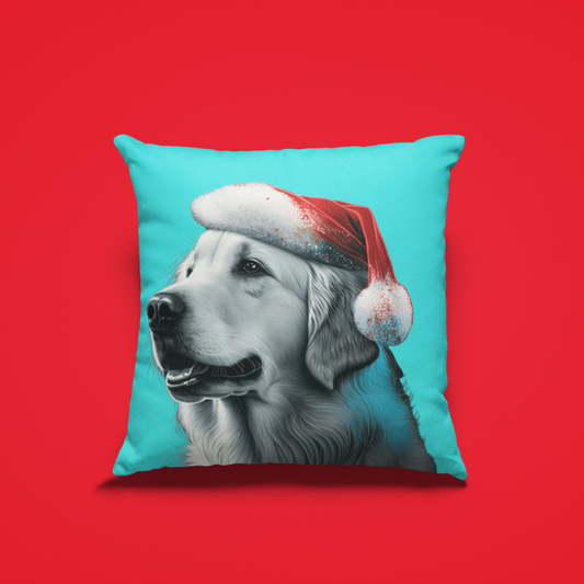 A cushion cover featuring a cheerful Golden Retriever in a festive setting against a bright blue background, perfect for adding holiday cheer to any room.