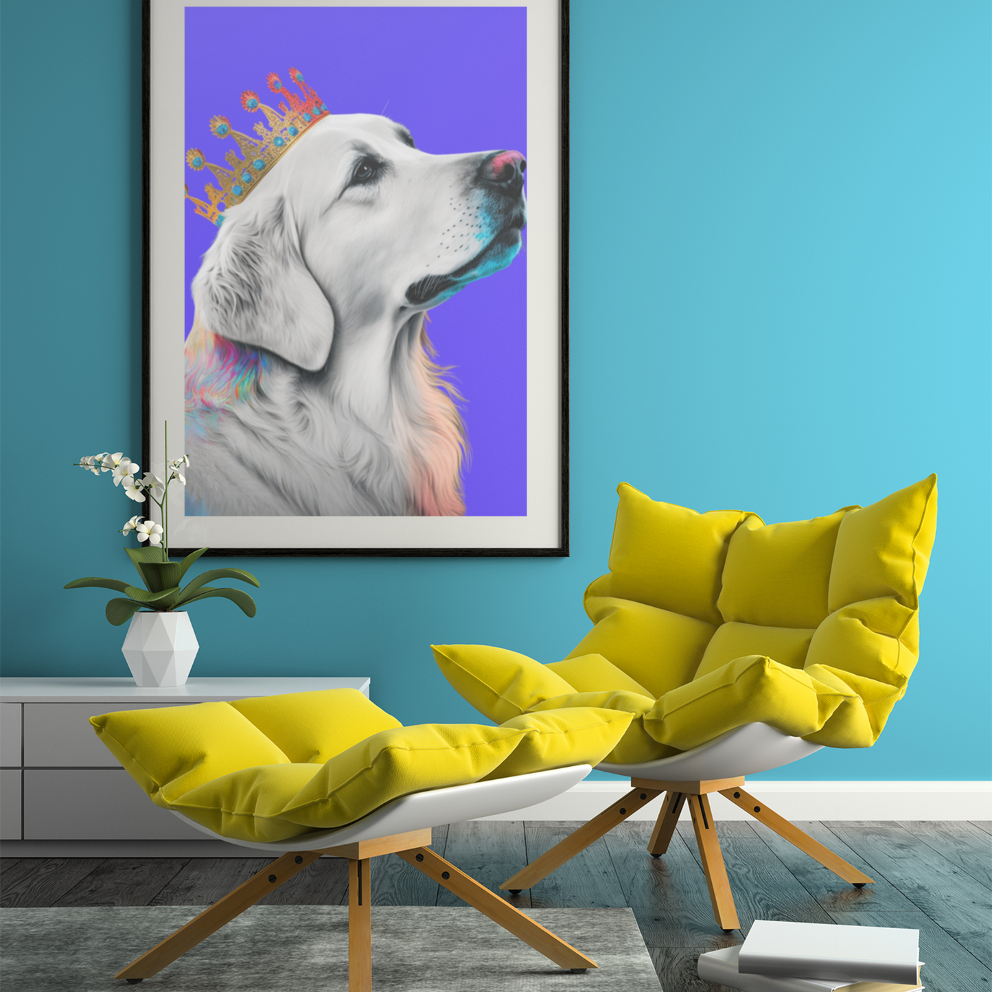 Regal Golden Retriever with Colorful Crown Poster