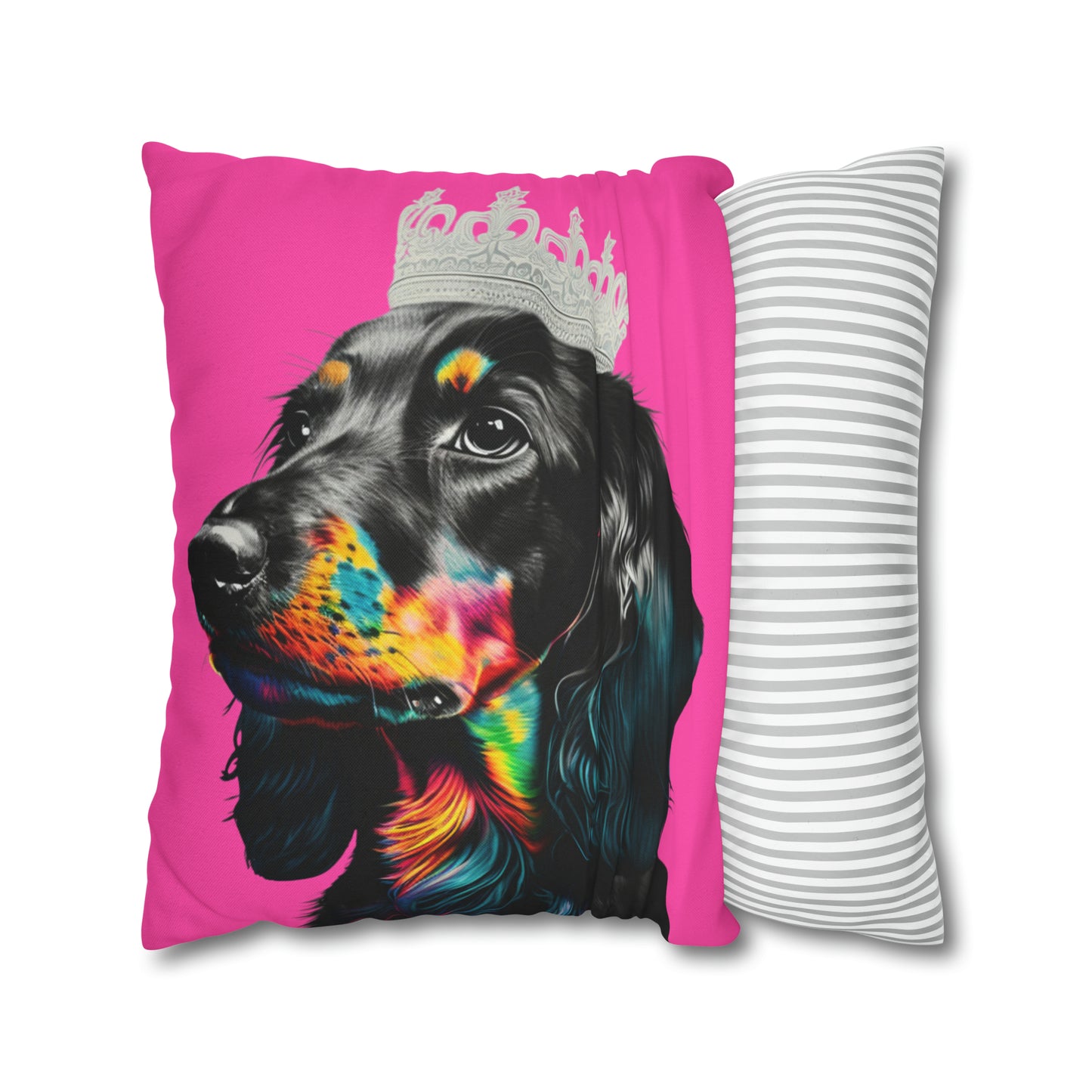 A whimsical cushion cover featuring a princess Dachshund in regal attire on a pink background, perfect for adding a touch of canine royalty to your home decor.