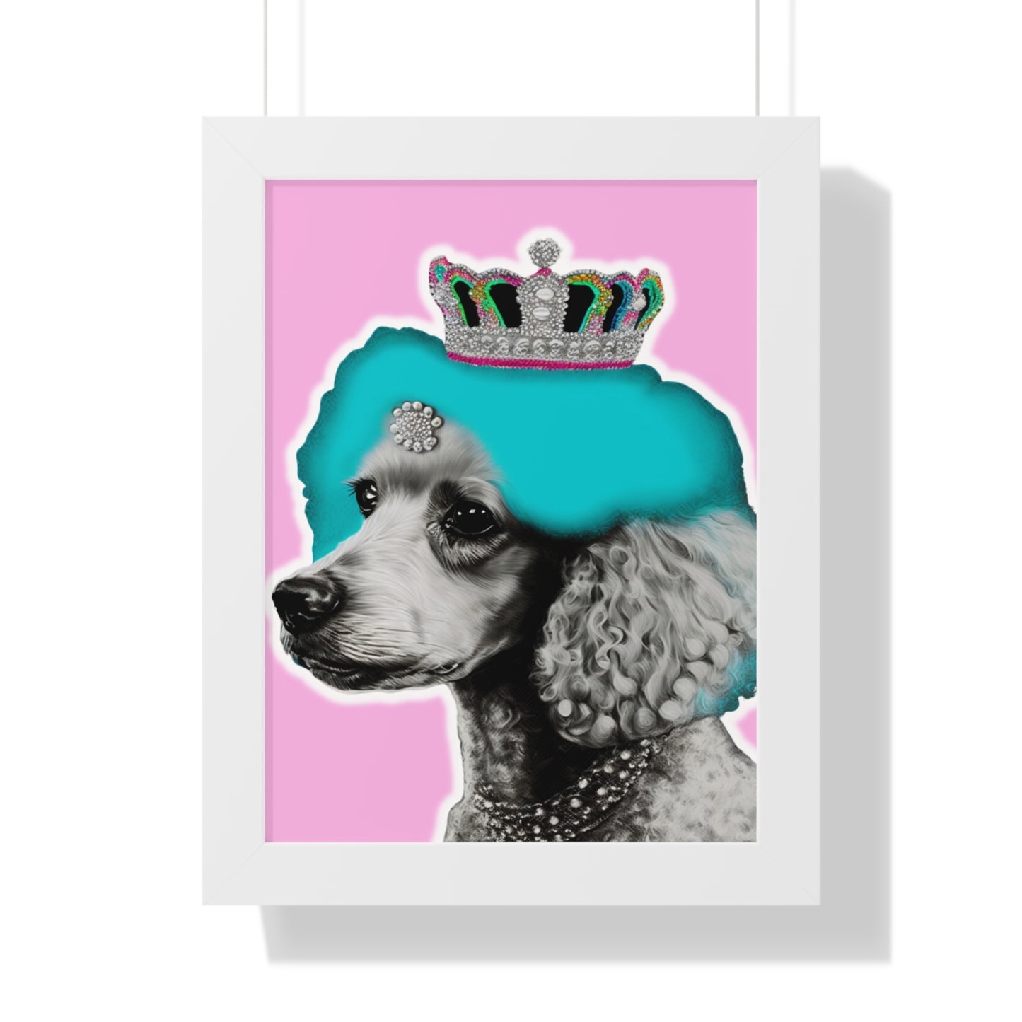 Framed Crowned Pop Art Poodle Print on Pink - Choose Walnut, White, or Black Frame