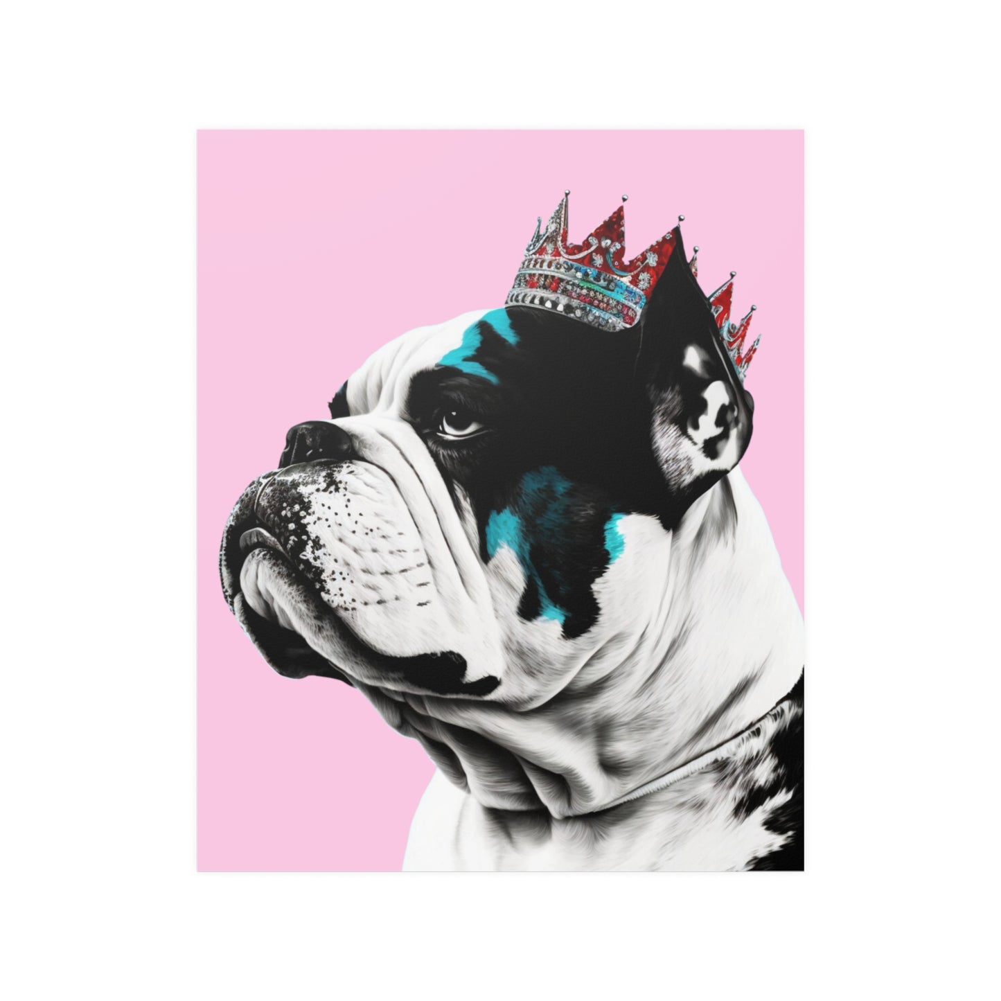 A regal XL Bully dog wearing a crown on a pink background poster.