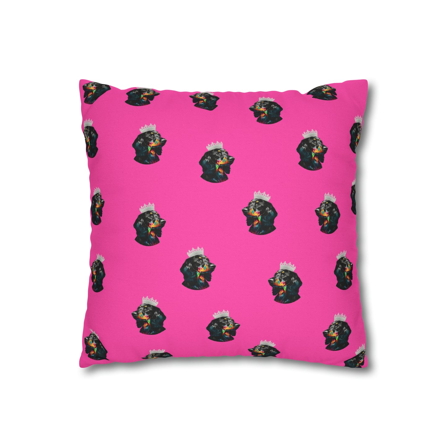 A whimsical cushion cover featuring a princess Dachshund in regal attire on a pink background, perfect for adding a touch of canine royalty to your home decor.