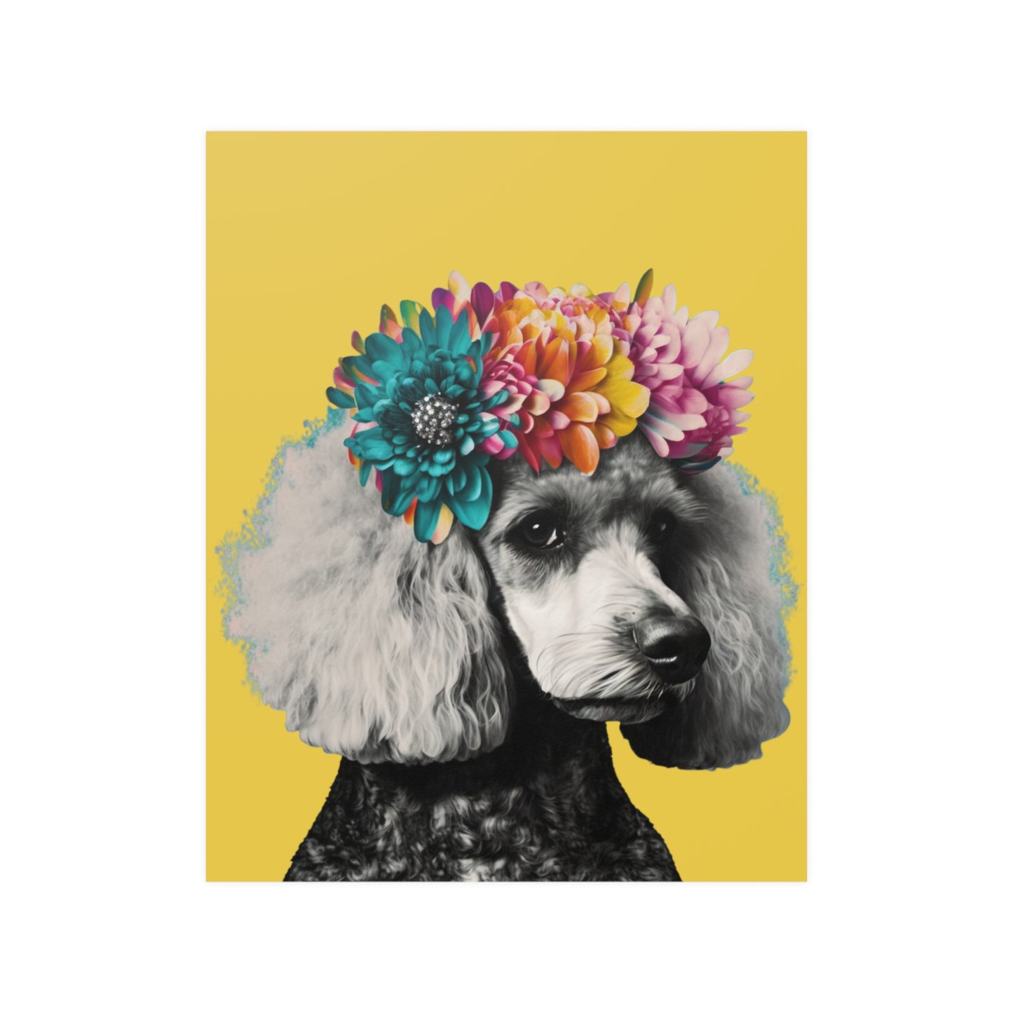 A vibrant poster featuring a PopArt-style poodle on a bright yellow background, ideal for adding a playful and artistic flair to any room's decor