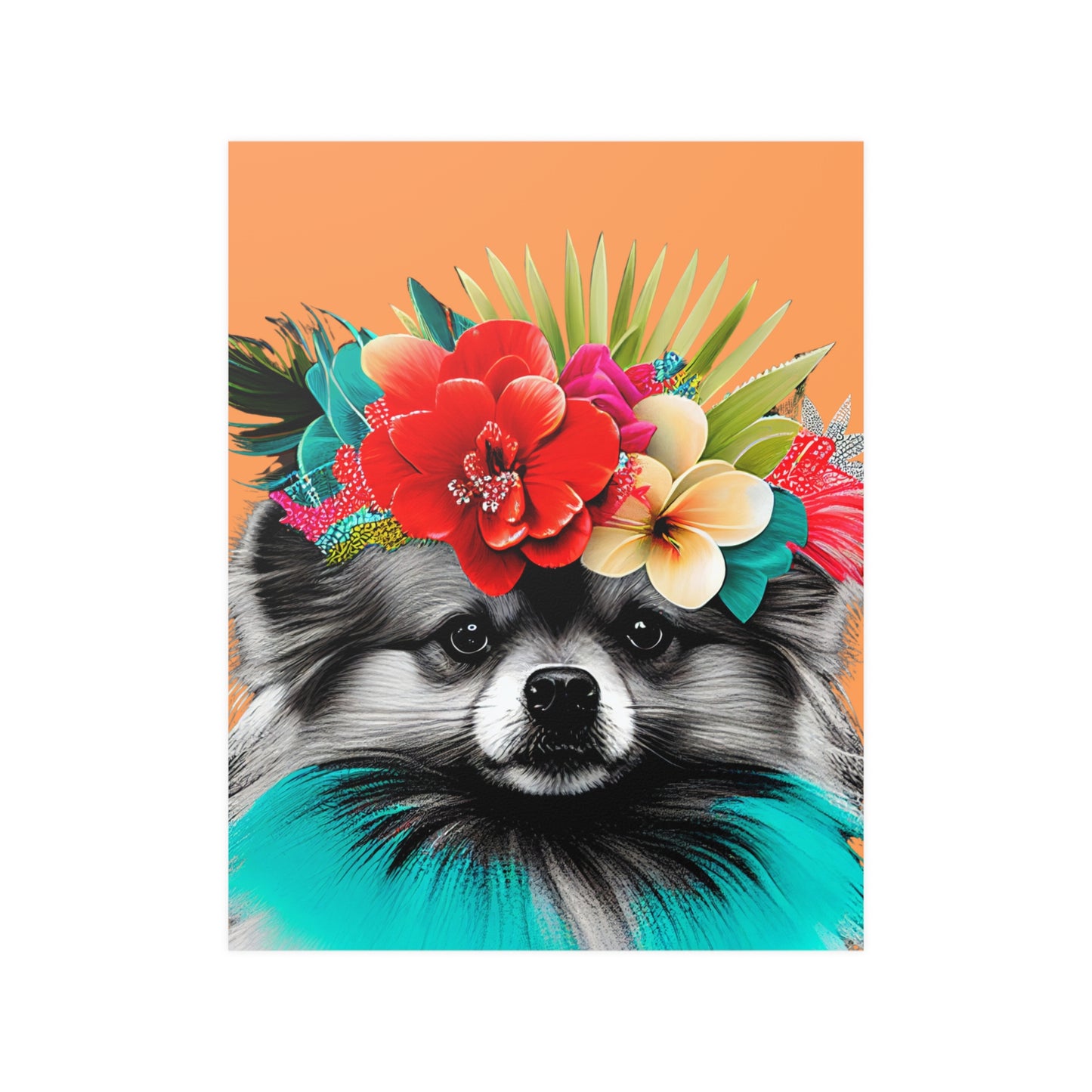 Poster of a fluffy Pomeranian dog surrounded by tropical foliage and flowers, set against a bright orange background that evokes a sunny, island atmosphere.