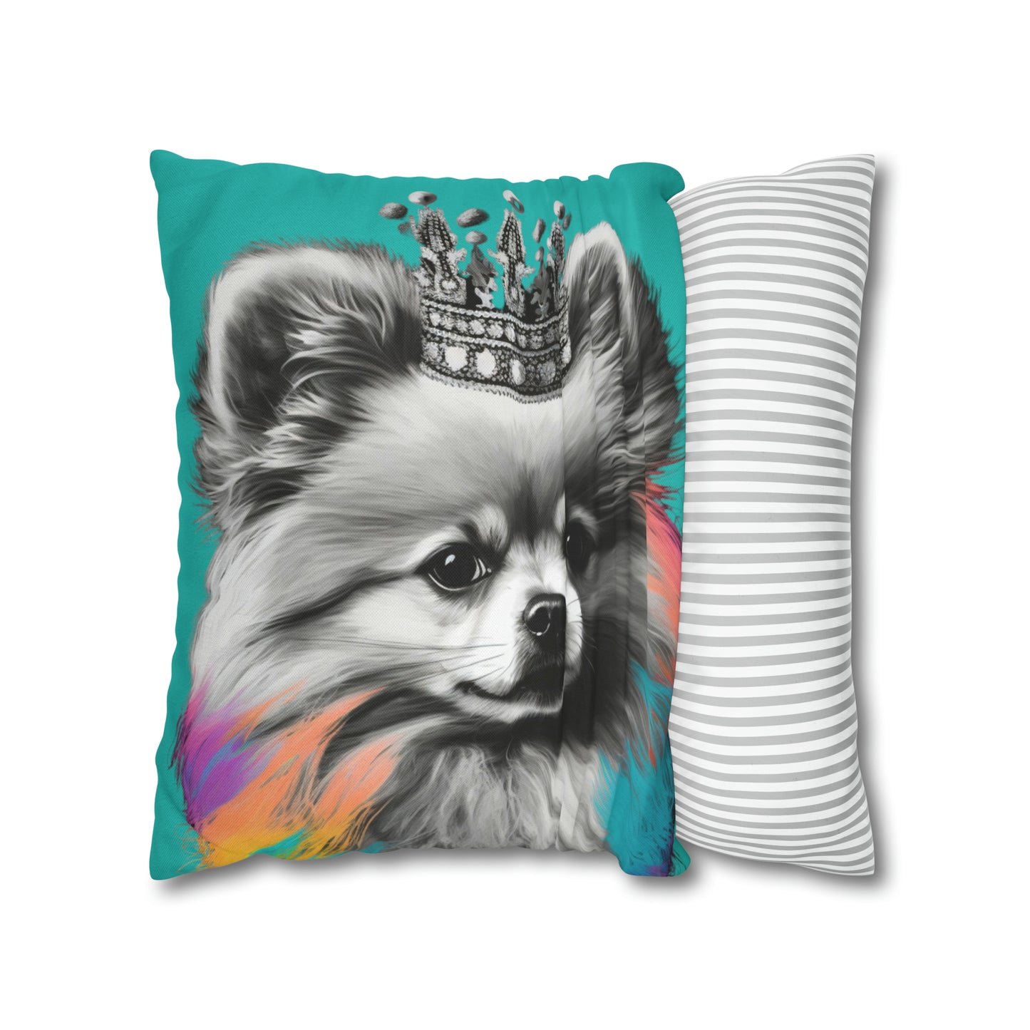 Black and White Pomeranian with Colours on Blue Cushion Cover