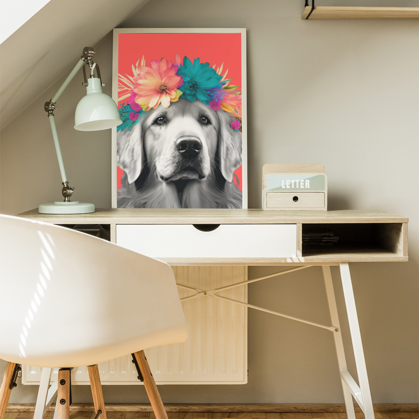 A Golden Retriever lounging amidst tropical flora on a calming coral background, embodying a serene tropical getaway in poster form.