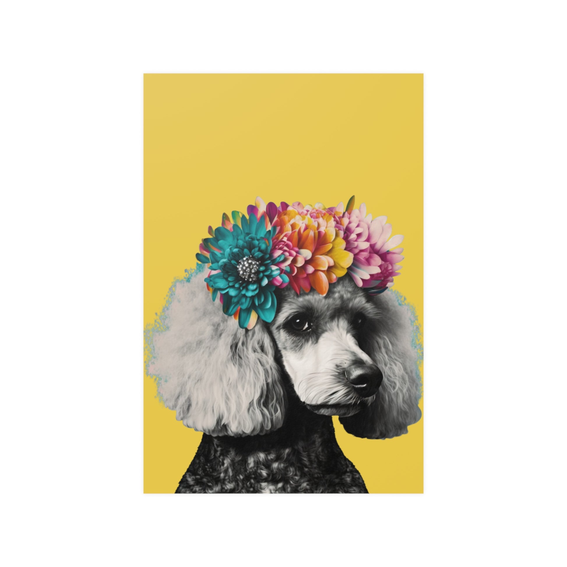 A vibrant poster featuring a PopArt-style poodle on a bright yellow background, ideal for adding a playful and artistic flair to any room's decor