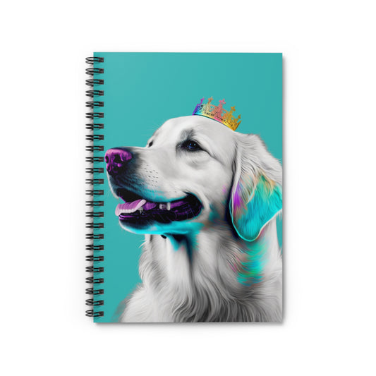 A notebook cover showcasing a Regal Golden Retriever in PopArt style, set against a royal blue background, exuding sophistication and artistic flair.