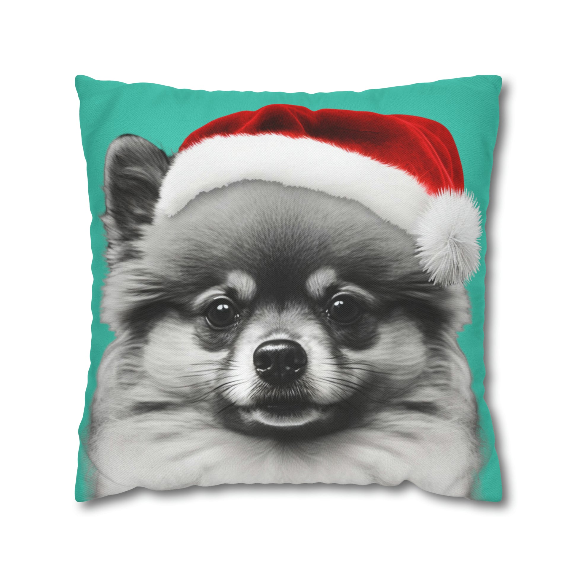 A festive cushion cover showcasing a joyful Pomeranian in holiday attire, perfect for adding a touch of canine cheer to any room.