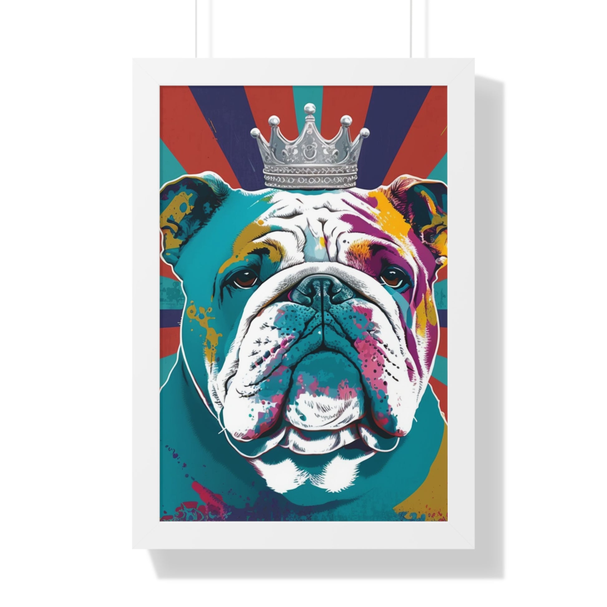 A vibrant framed canvas print featuring a PopArt British Bulldog, perfect for adding a bold and artistic touch to any interior space.