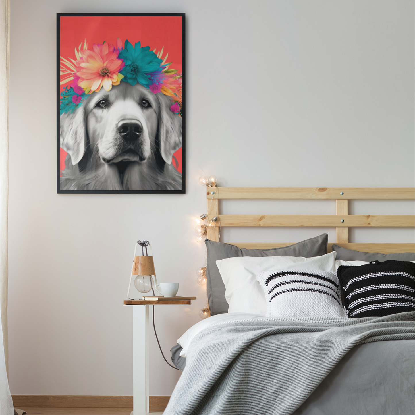 A Golden Retriever lounging amidst tropical flora on a calming coral background, embodying a serene tropical getaway in poster form.