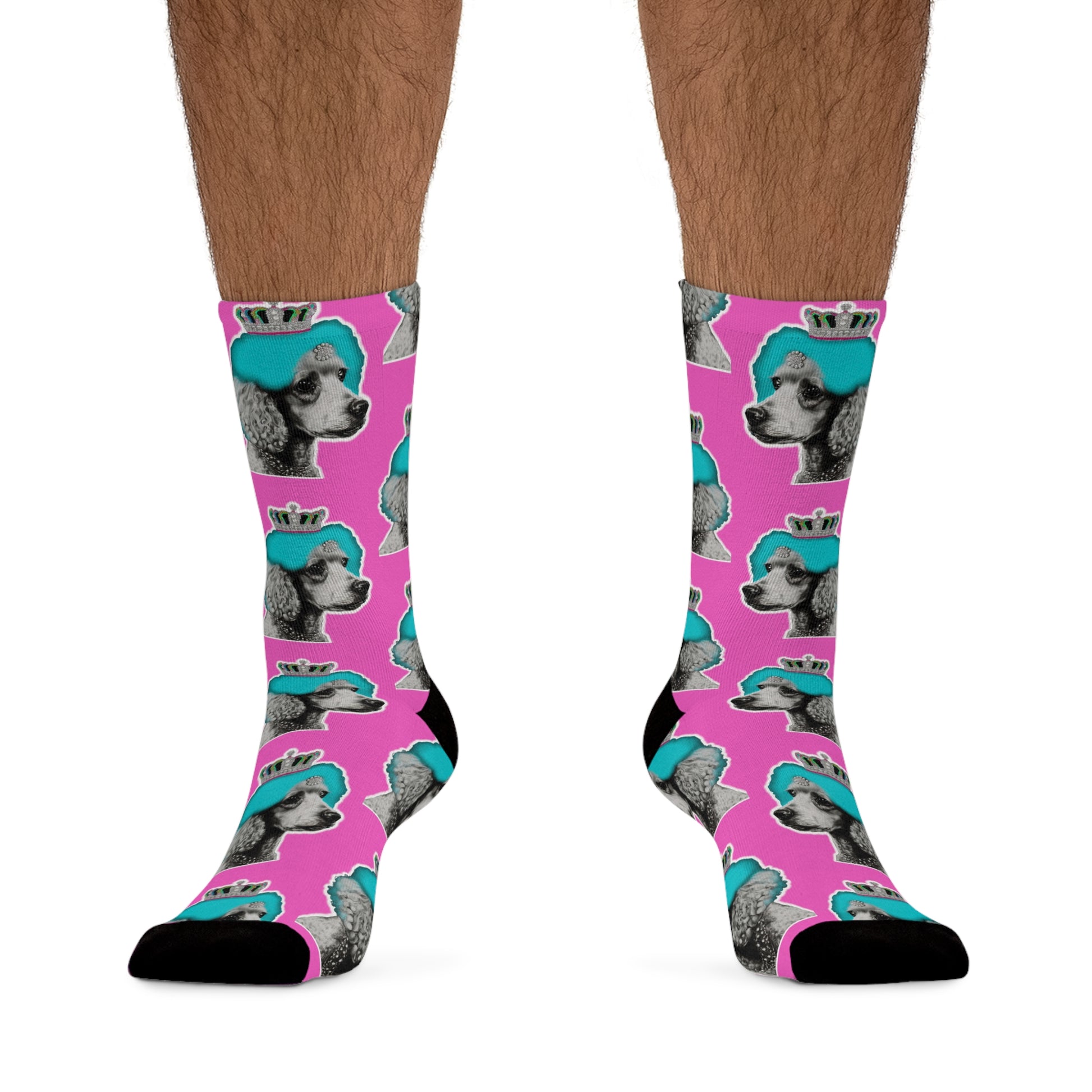 The 'Poodle Pop Art Socks on Pink - Stylish Canine Fashion' feature a vibrant and artistic representation of a poodle in pop art style, set against a pink background, ideal for adding a playful and fashionable touch to any outfit