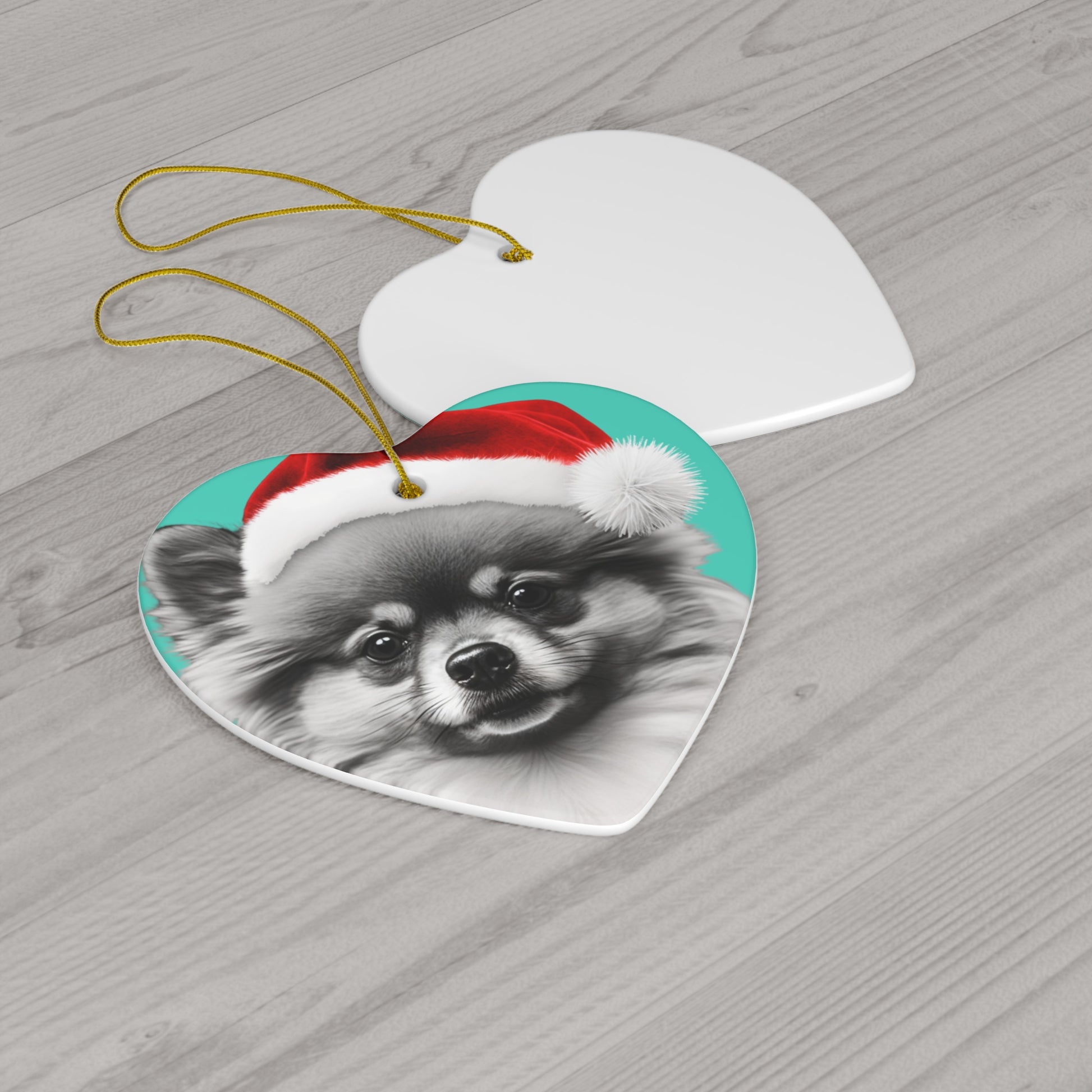 A charming Christmas tree ornament shaped like a Pomeranian, complete with festive decorations, ready to bring holiday spirit to your home