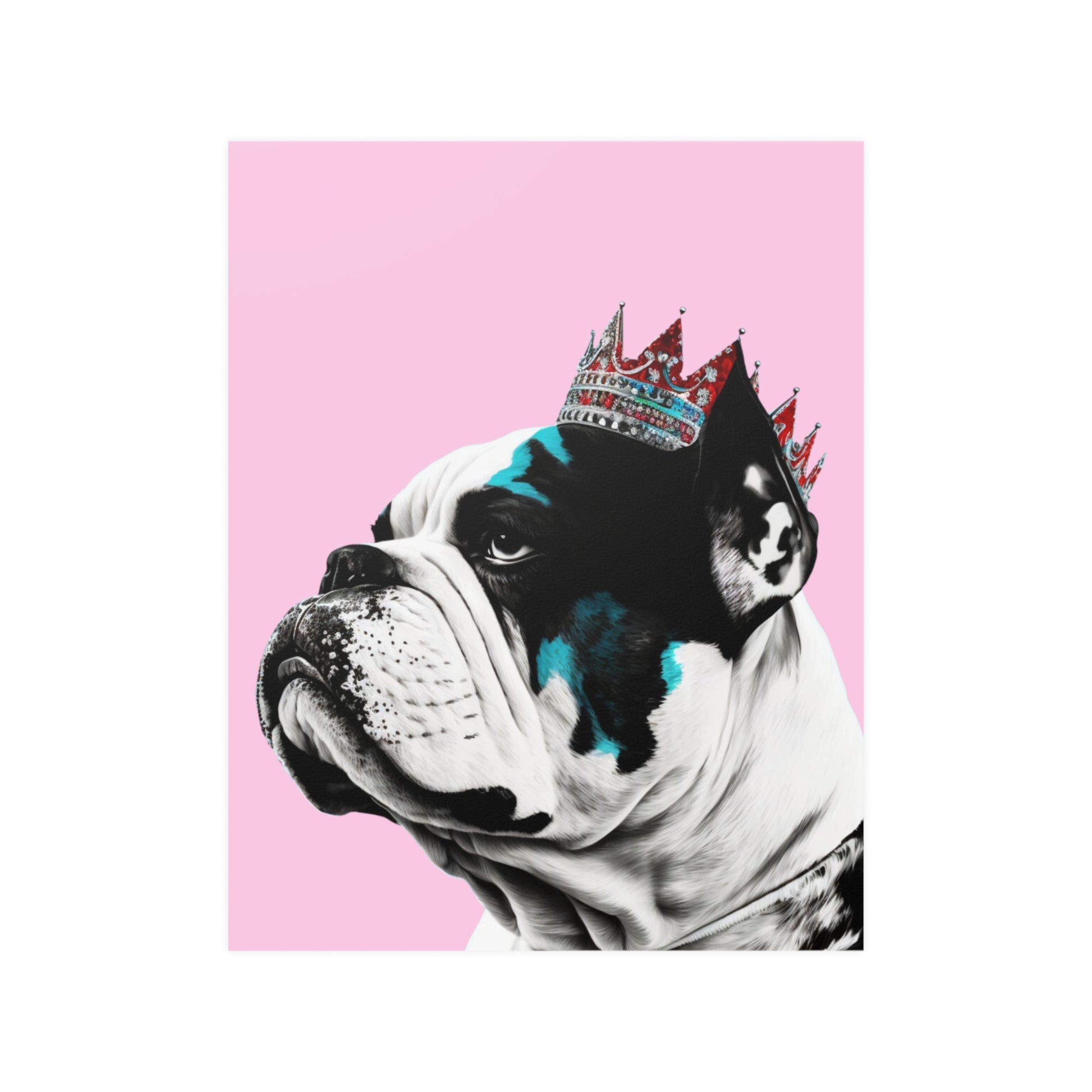 A regal XL Bully dog wearing a crown on a pink background poster.