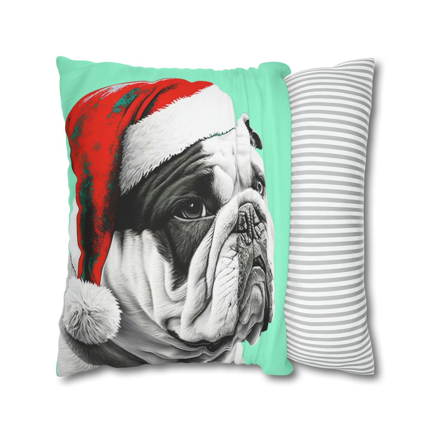 A colorful PopArt-style pillow cover featuring a Bulldog in a Santa hat, perfect for adding a fun and artsy touch to your festive decor.