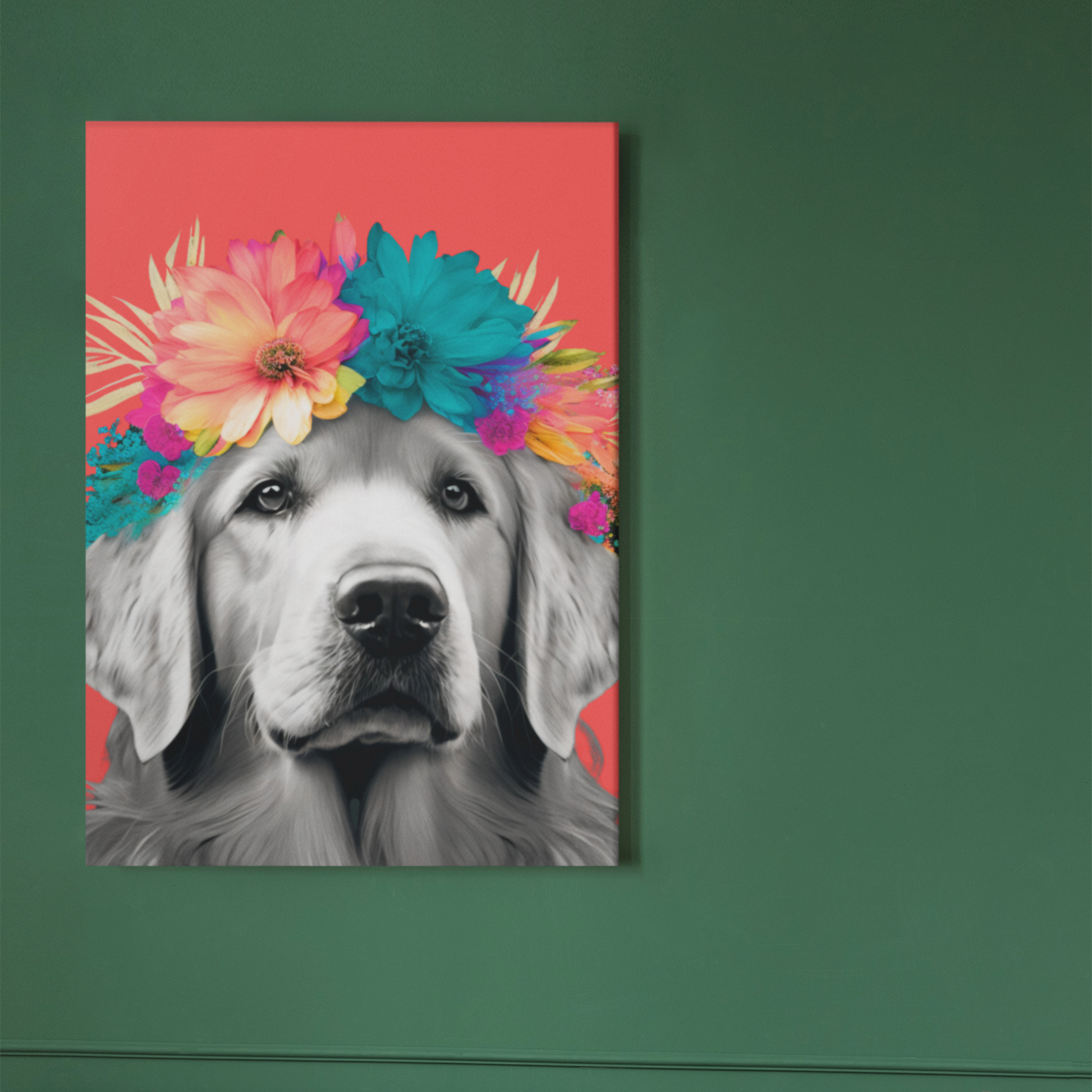 A Golden Retriever lounging amidst tropical flora on a calming coral background, embodying a serene tropical getaway in poster form.