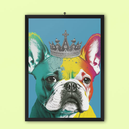 A French Bulldog sporting a regal crown against a striking royal blue background, captured in a vibrant PopArt style that exudes contemporary chic.