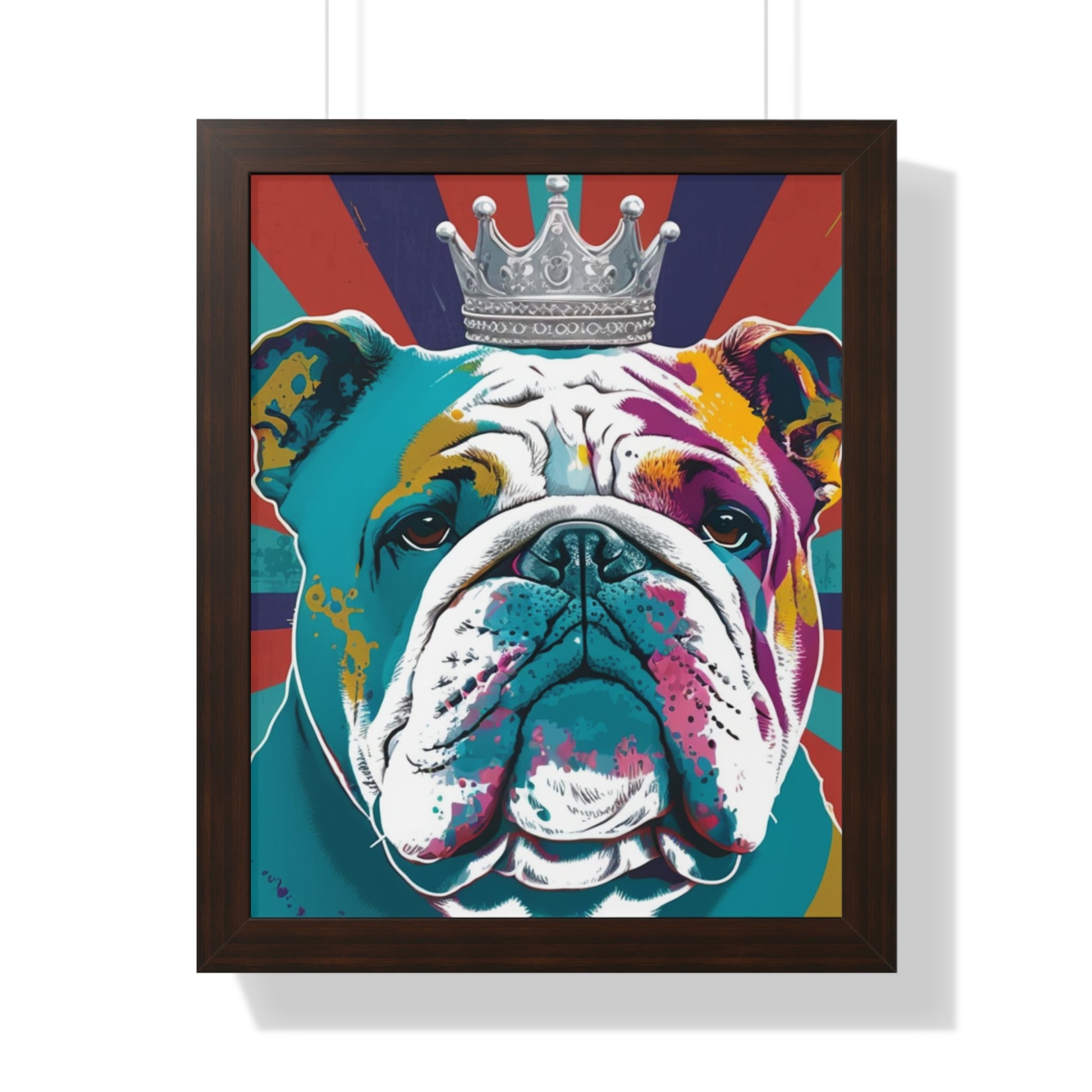 A vibrant framed canvas print featuring a PopArt British Bulldog, perfect for adding a bold and artistic touch to any interior space.