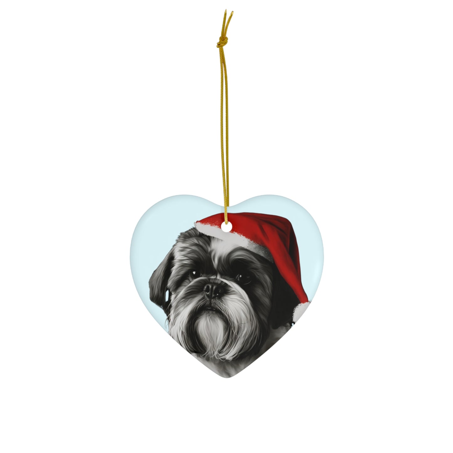 A delightful Shih Tzu on a blue Christmas tree ornament, available in both circle and heart shapes, perfect for adding a touch of holiday charm to your Christmas tree decoration.